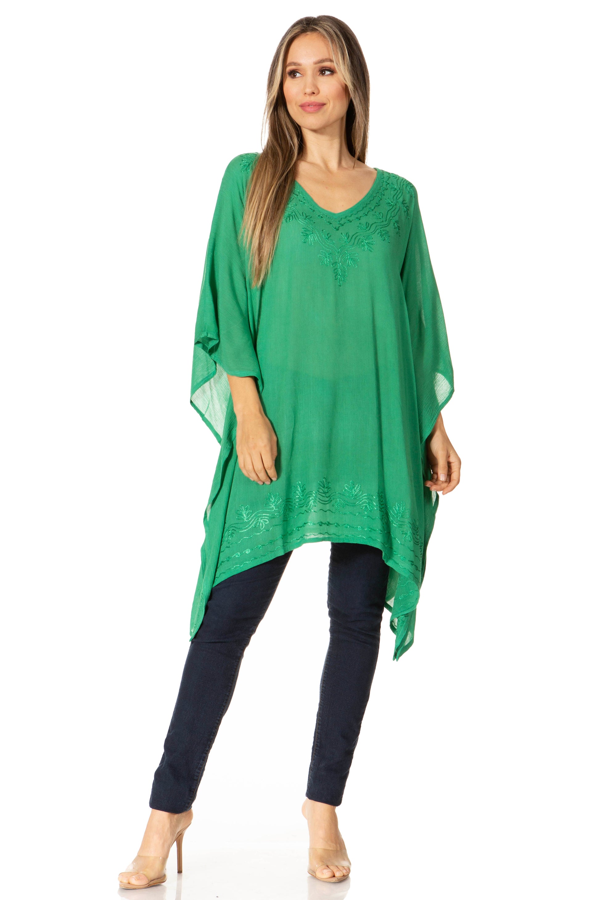 Sakkas Wren Lightweight Circle Poncho Top Blouse With Detailed Embroidery - Concordia Style Boutique