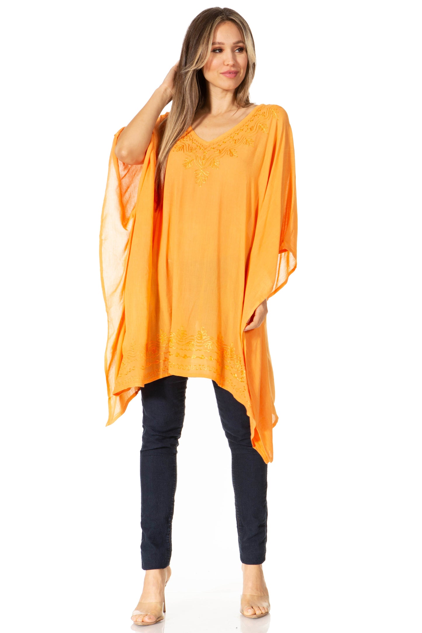 Sakkas Wren Lightweight Circle Poncho Top Blouse With Detailed Embroidery - Concordia Style Boutique