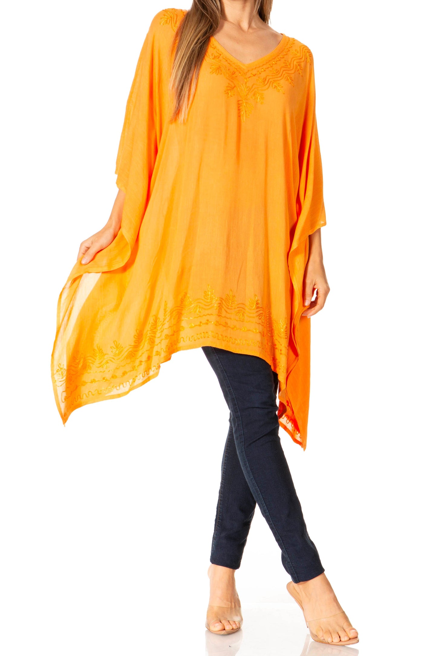Sakkas Wren Lightweight Circle Poncho Top Blouse With Detailed Embroidery - Concordia Style Boutique
