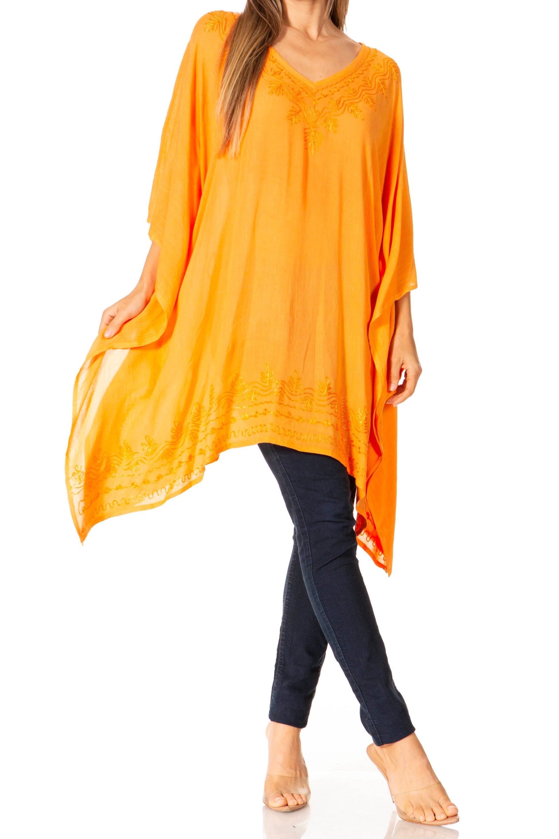 Sakkas Wren Lightweight Circle Poncho Top Blouse With Detailed Embroidery - Concordia Style Boutique