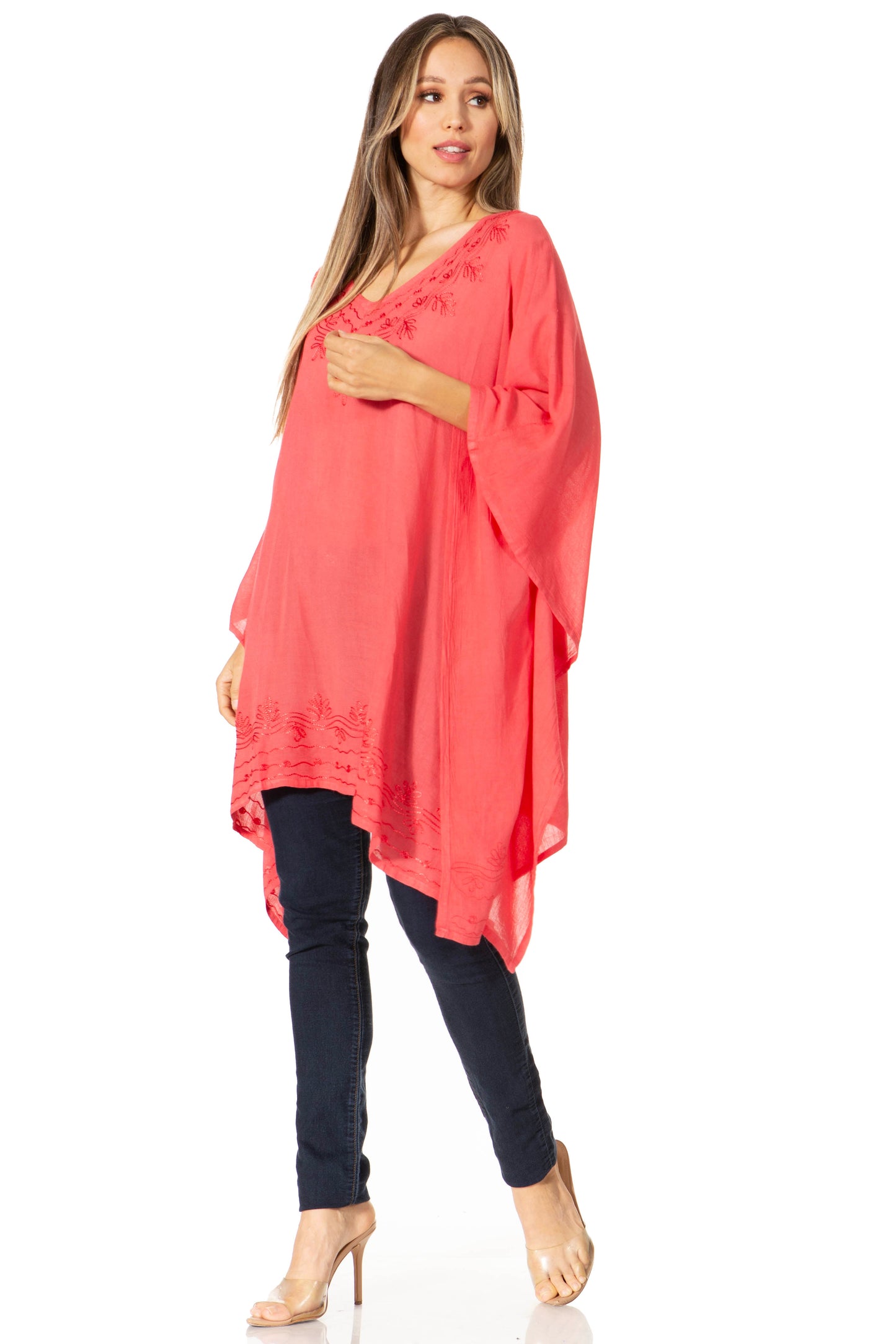 Sakkas Wren Lightweight Circle Poncho Top Blouse With Detailed Embroidery - Concordia Style Boutique
