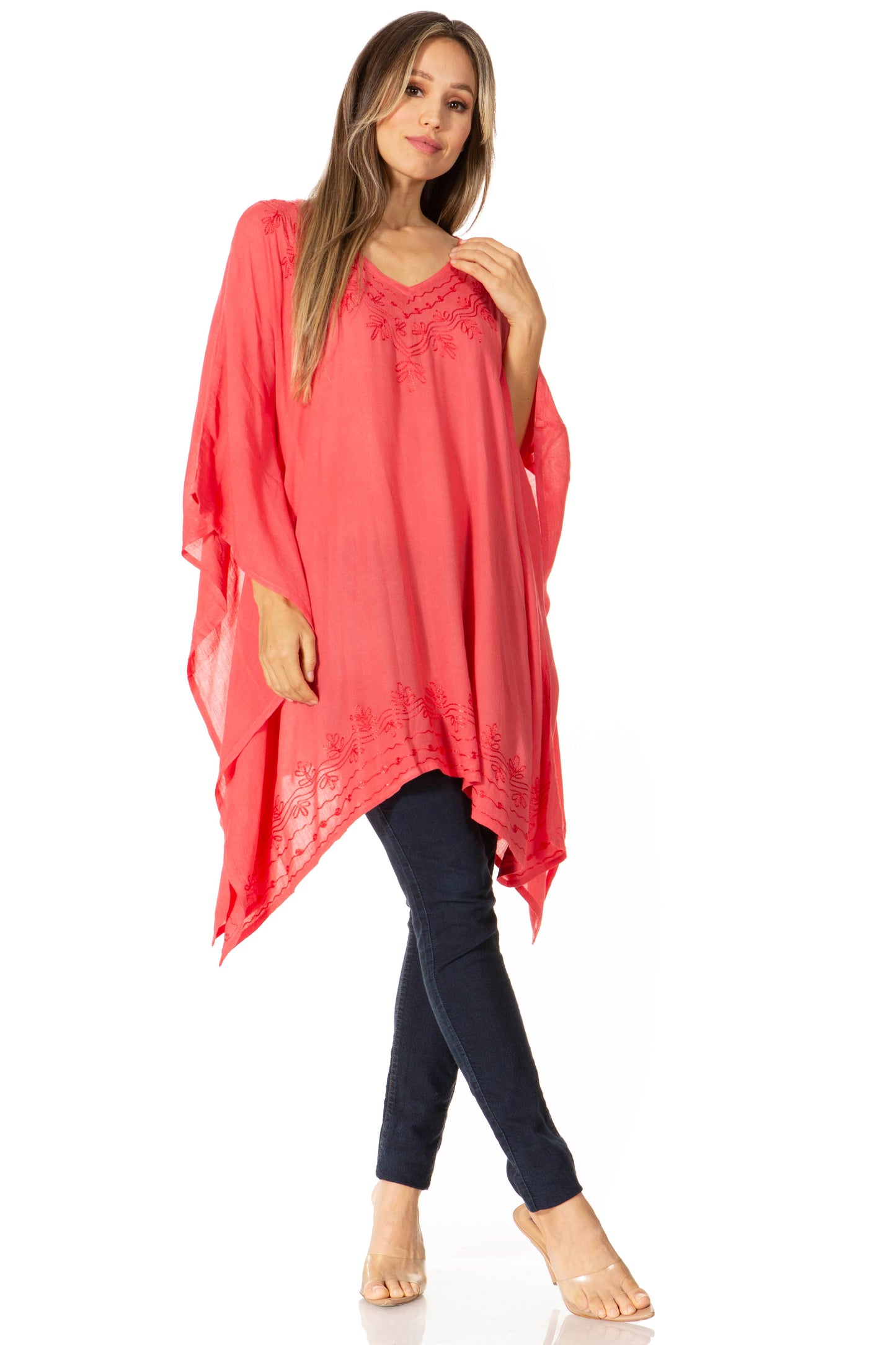 Sakkas Wren Lightweight Circle Poncho Top Blouse With Detailed Embroidery - Concordia Style Boutique