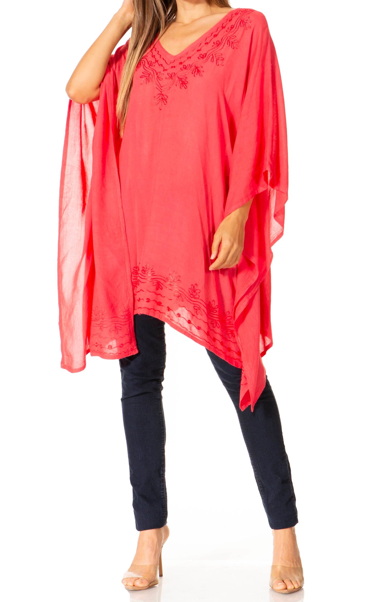 Sakkas Wren Lightweight Circle Poncho Top Blouse With Detailed Embroidery - Concordia Style Boutique