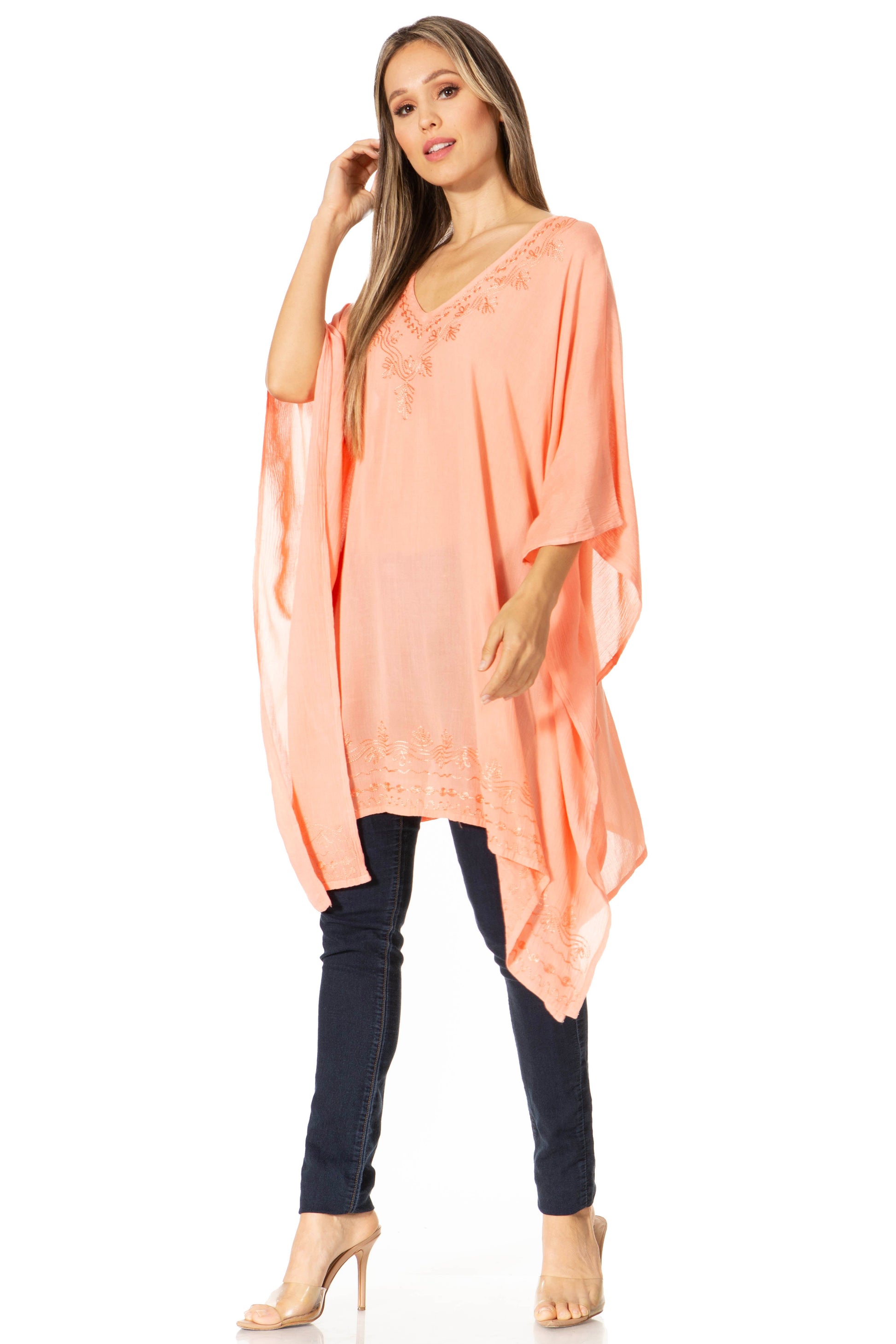 Sakkas Wren Lightweight Circle Poncho Top Blouse With Detailed Embroidery - Concordia Style Boutique