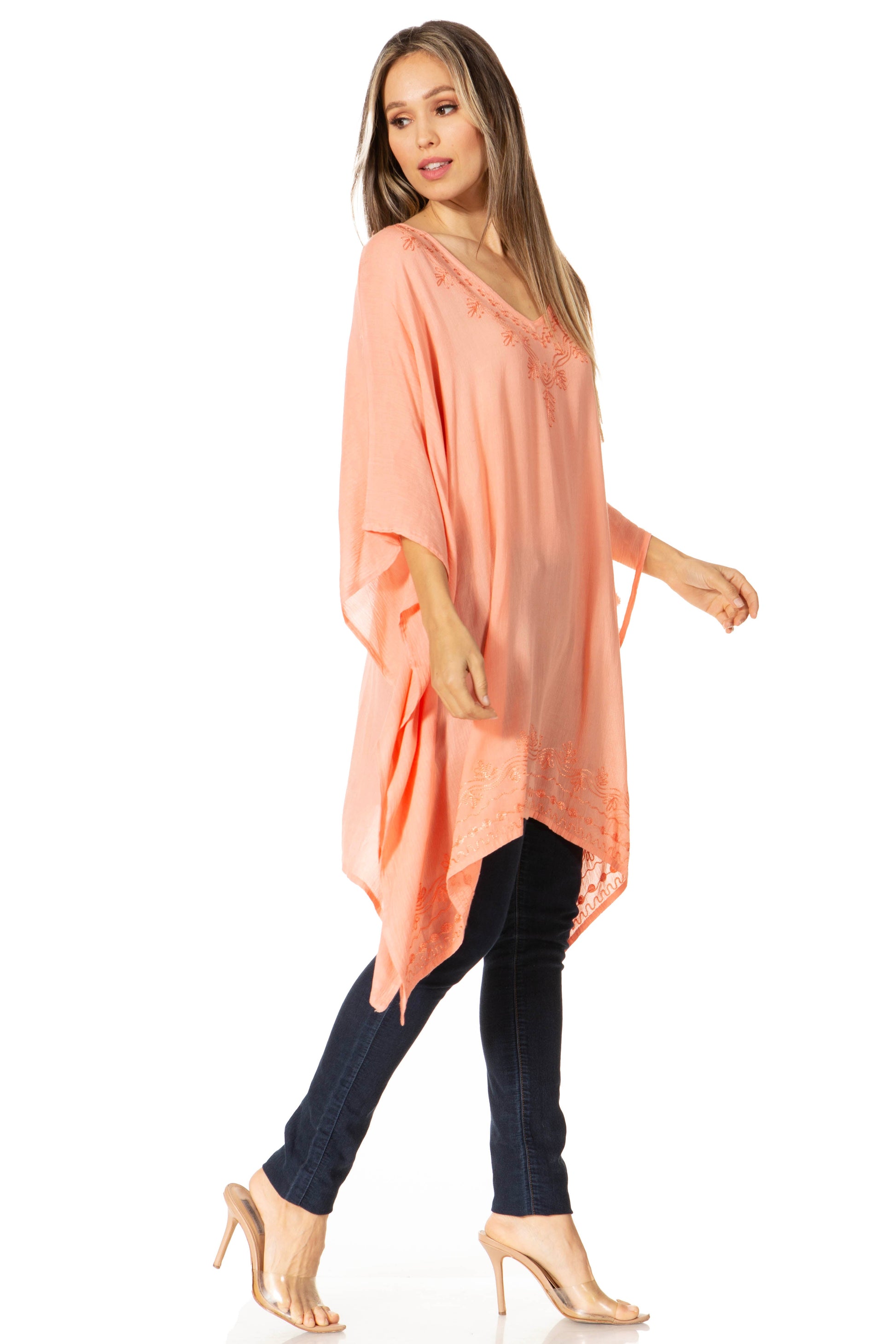Sakkas Wren Lightweight Circle Poncho Top Blouse With Detailed Embroidery - Concordia Style Boutique