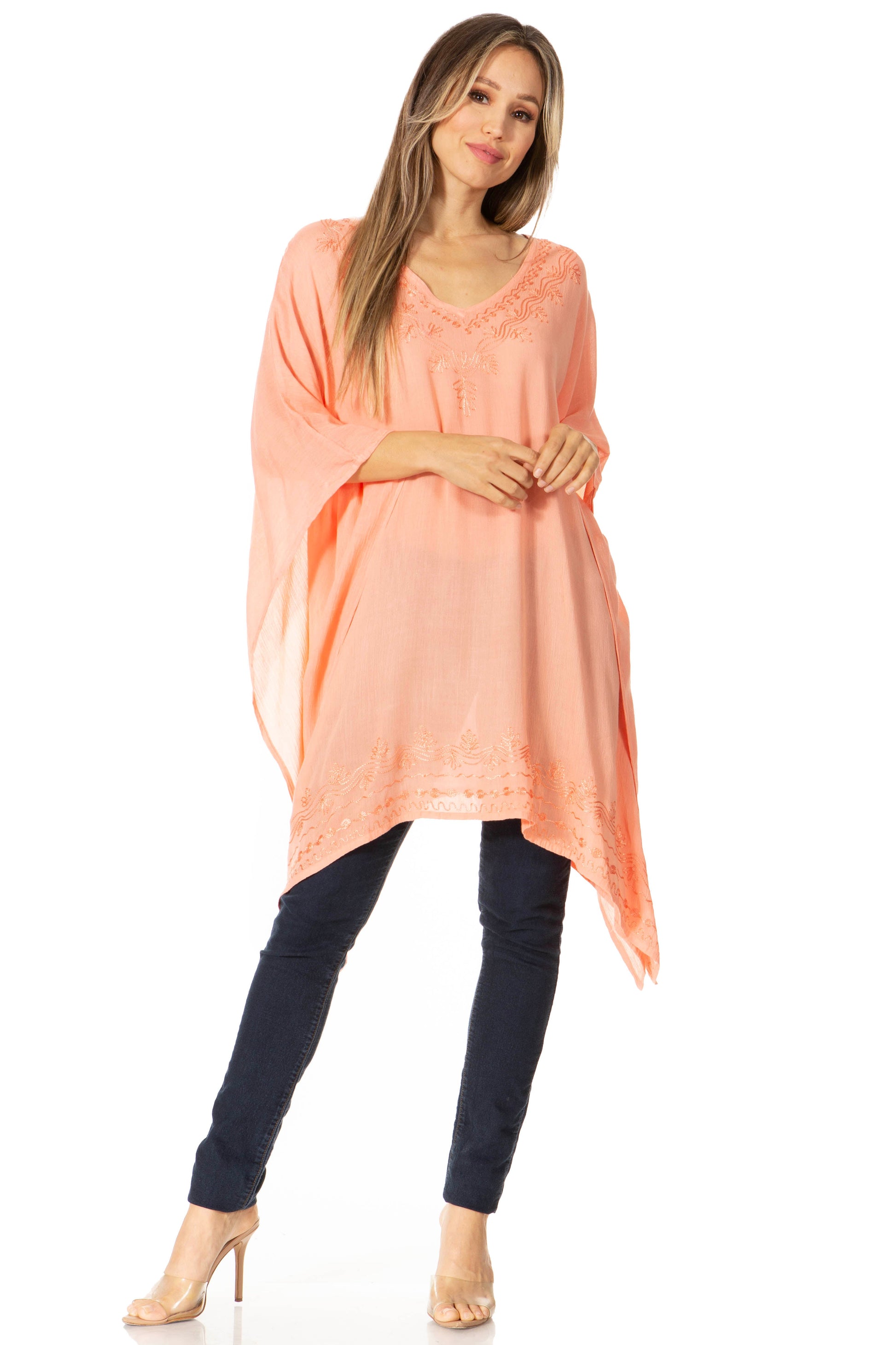 Sakkas Wren Lightweight Circle Poncho Top Blouse With Detailed Embroidery - Concordia Style Boutique
