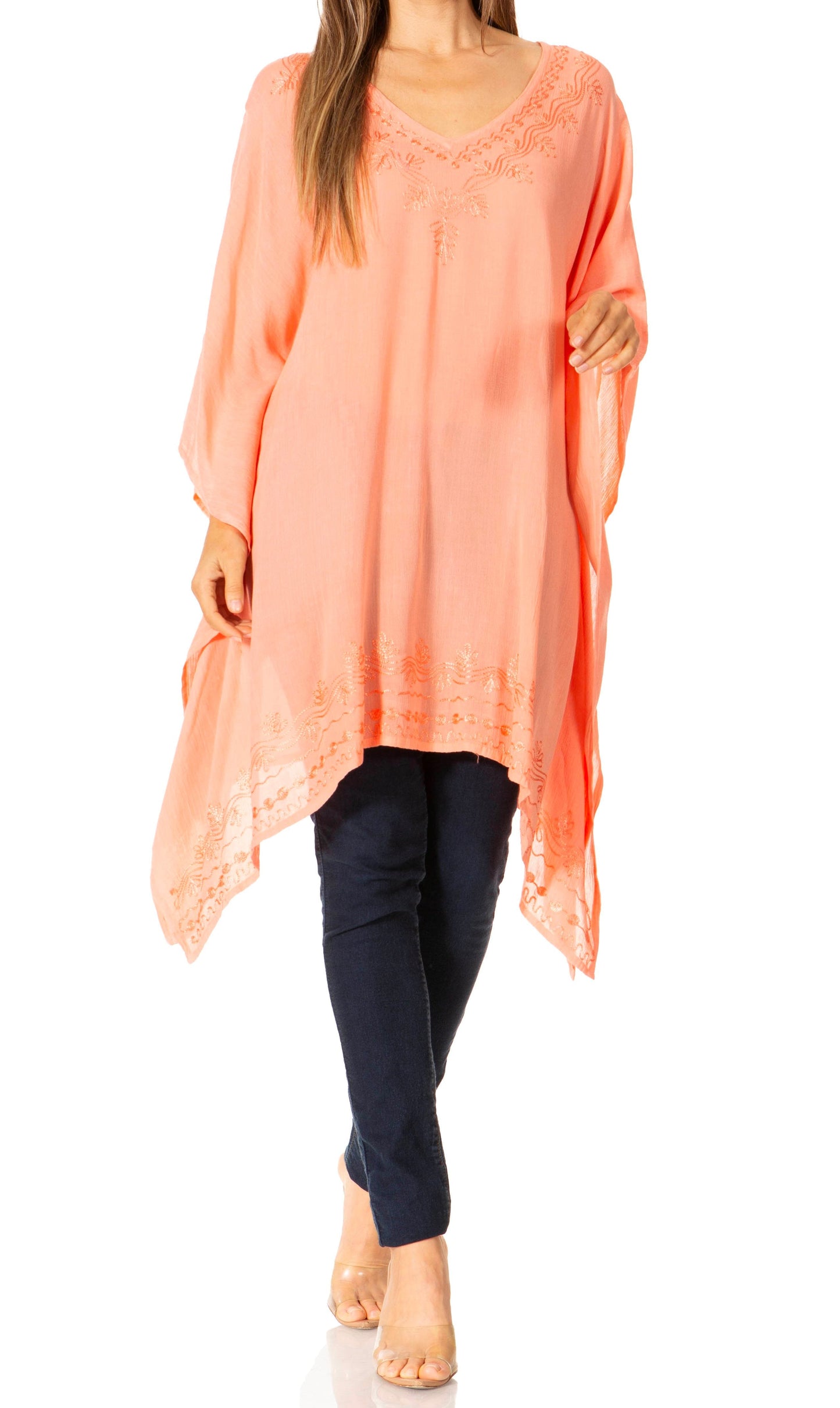 Sakkas Wren Lightweight Circle Poncho Top Blouse With Detailed Embroidery - Concordia Style Boutique