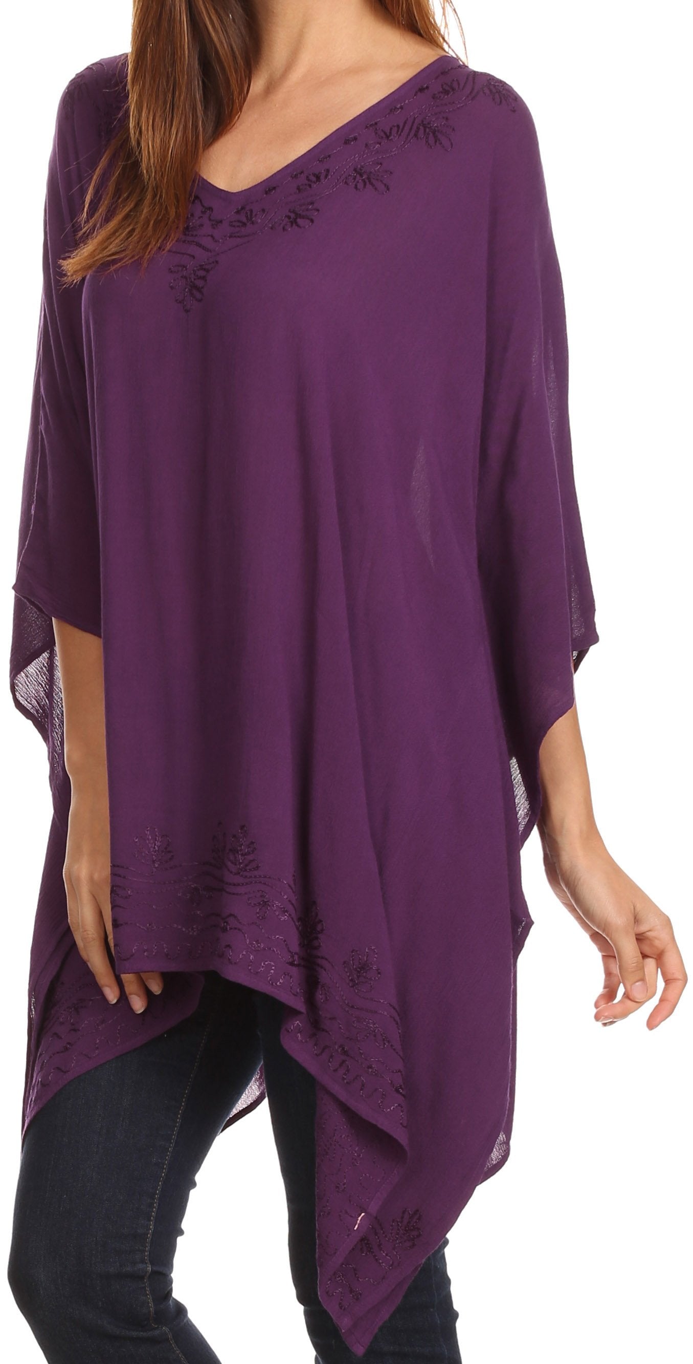 Sakkas Wren Lightweight Circle Poncho Top Blouse With Detailed Embroidery - Concordia Style Boutique