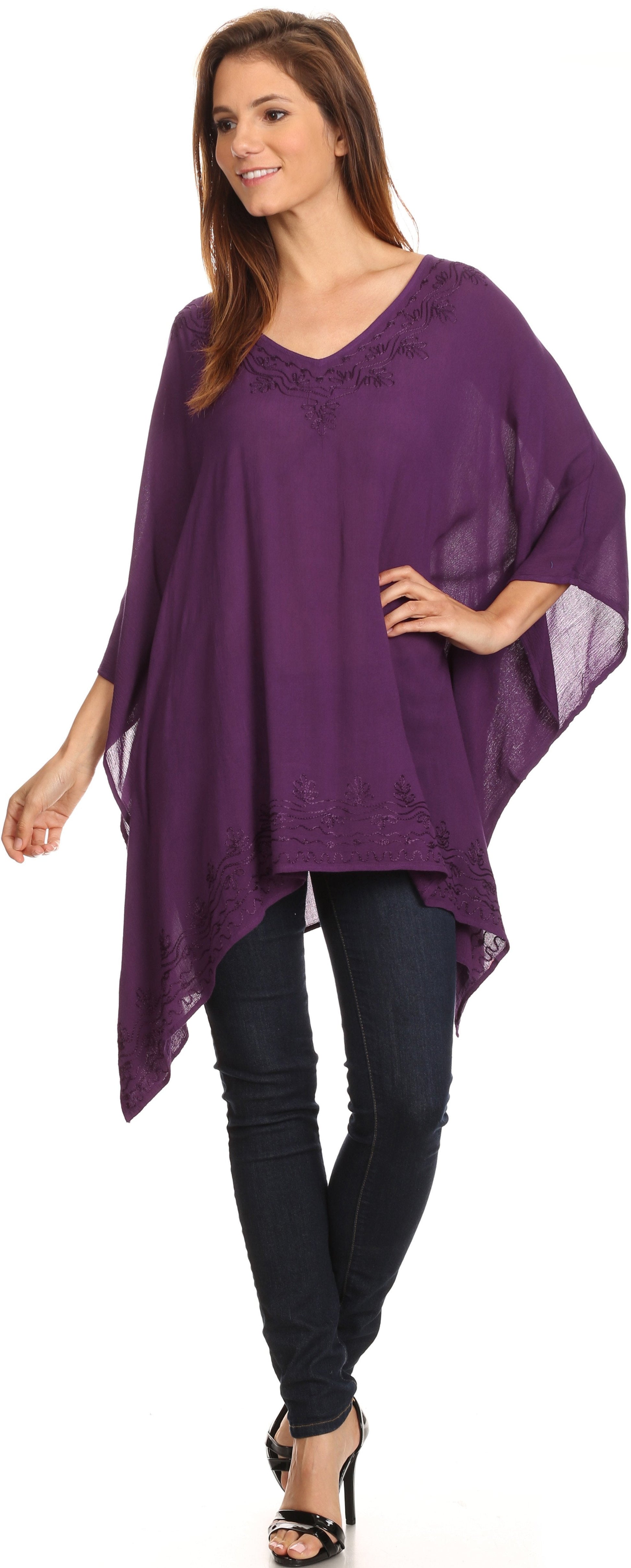 Sakkas Wren Lightweight Circle Poncho Top Blouse With Detailed Embroidery - Concordia Style Boutique
