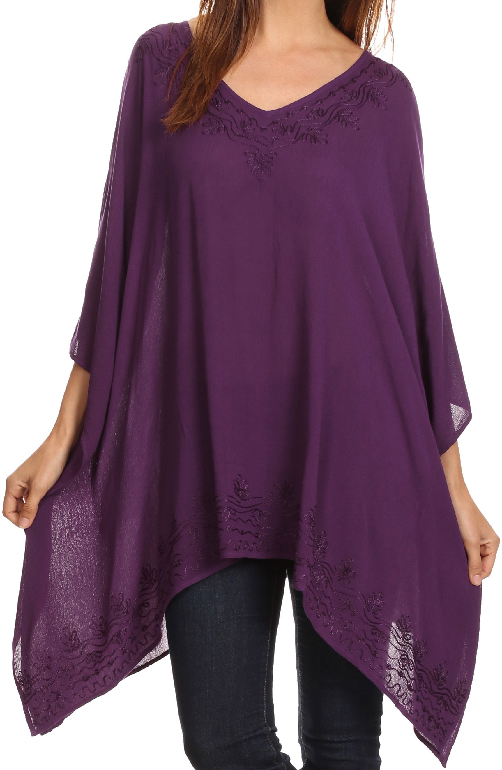 Sakkas Wren Lightweight Circle Poncho Top Blouse With Detailed Embroidery - Concordia Style Boutique