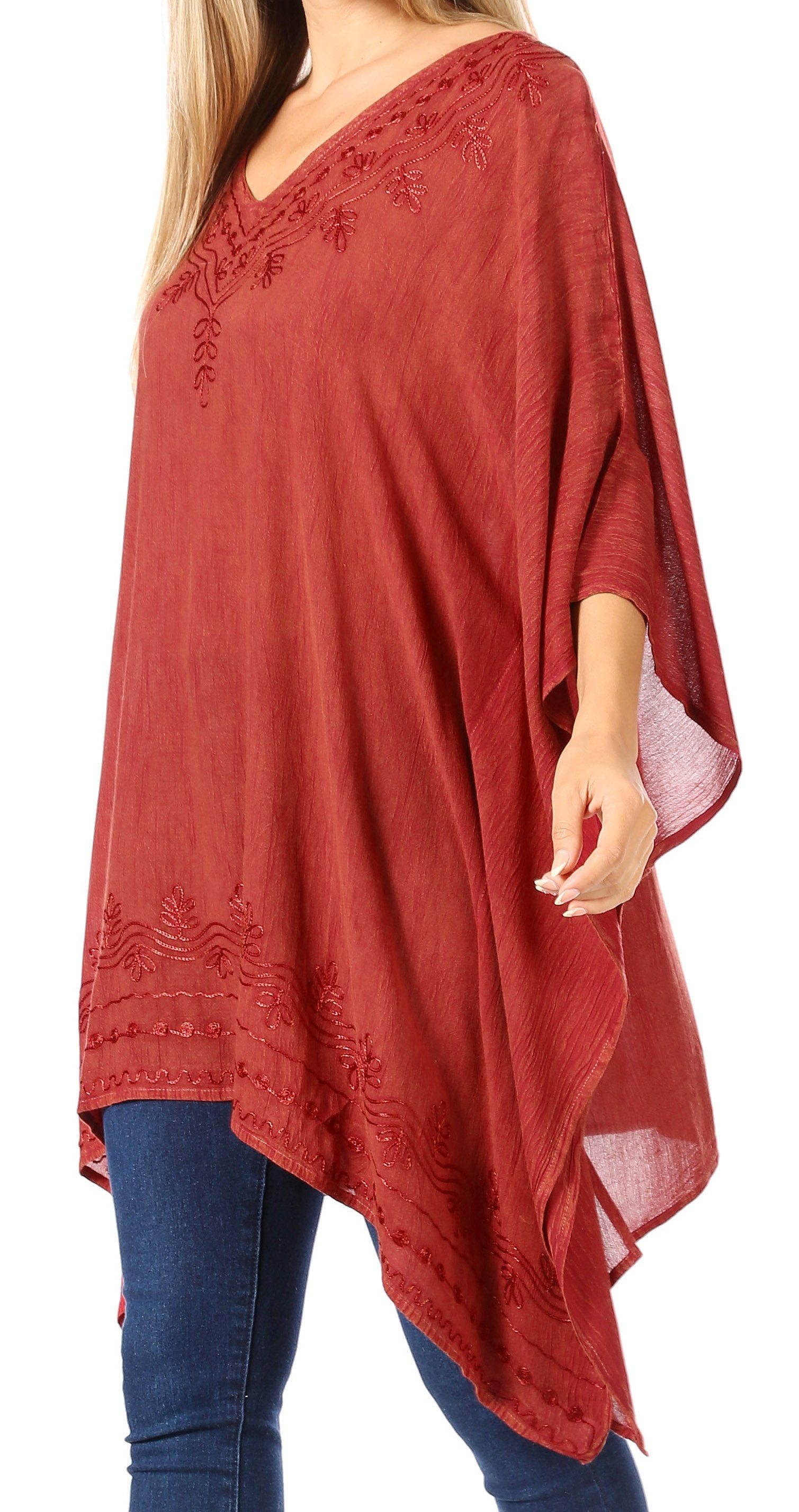 Sakkas Wren Lightweight Circle Poncho Top Blouse With Detailed Embroidery - Concordia Style Boutique