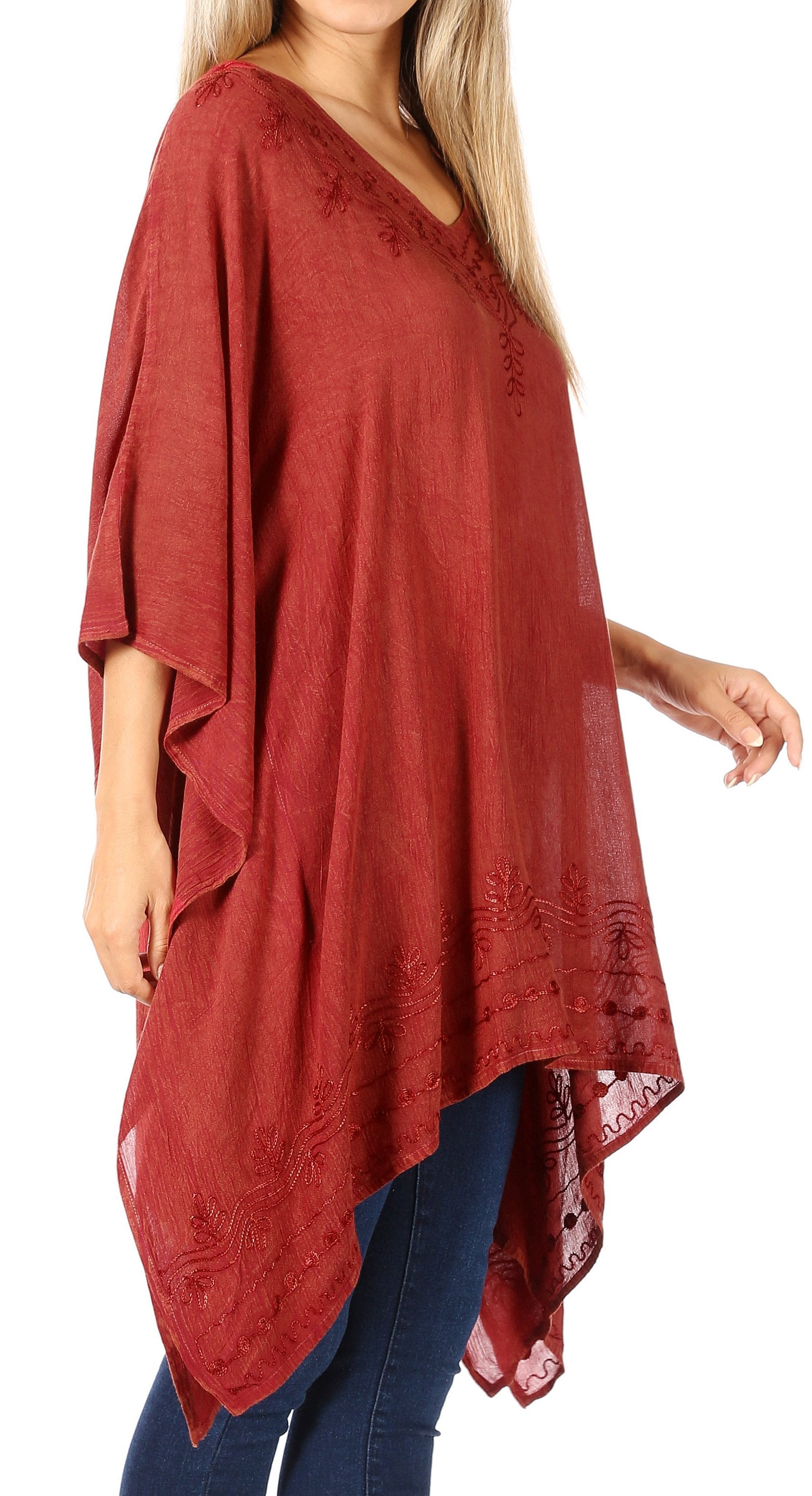 Sakkas Wren Lightweight Circle Poncho Top Blouse With Detailed Embroidery - Concordia Style Boutique
