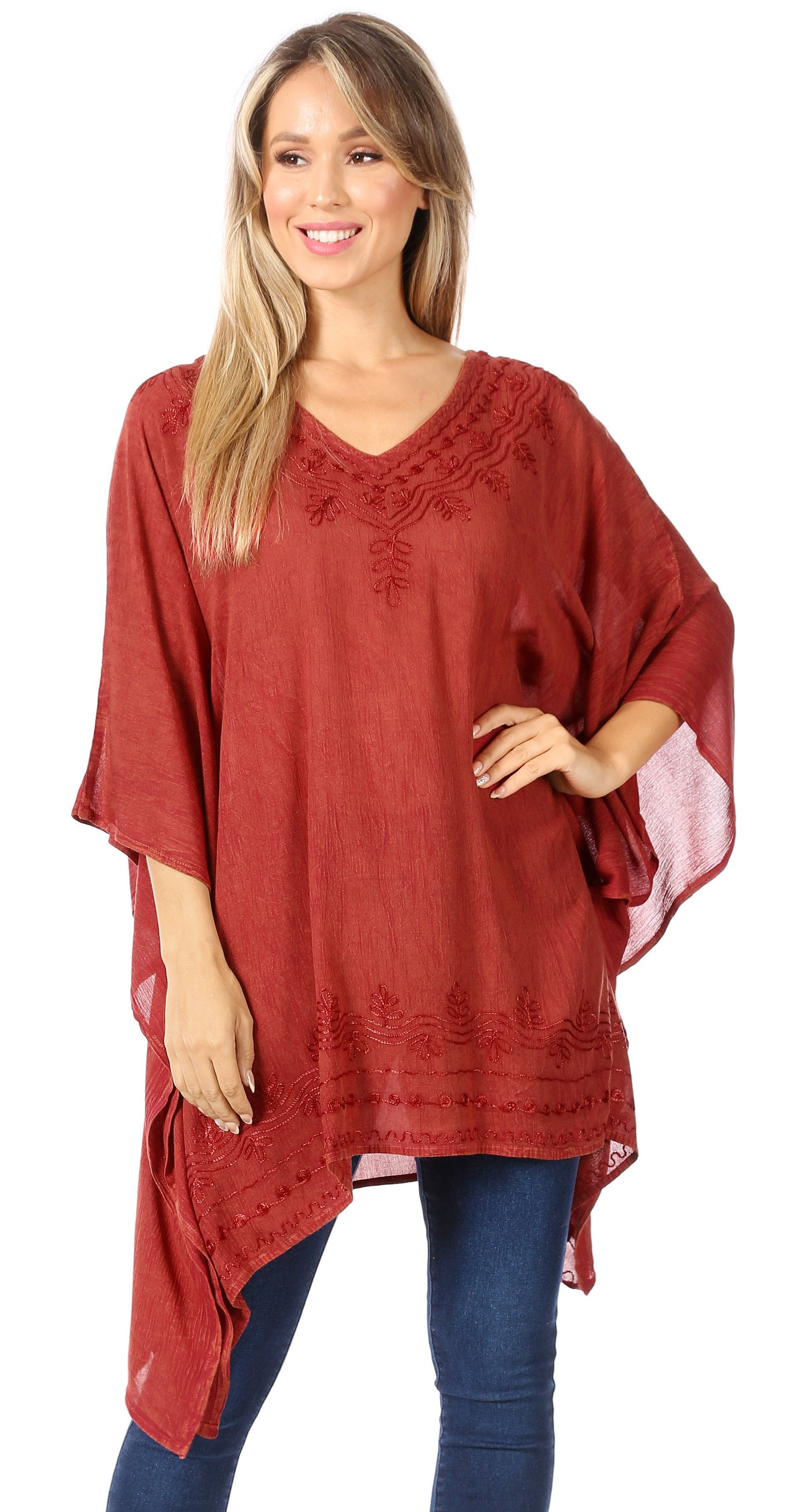 Sakkas Wren Lightweight Circle Poncho Top Blouse With Detailed Embroidery - Concordia Style Boutique