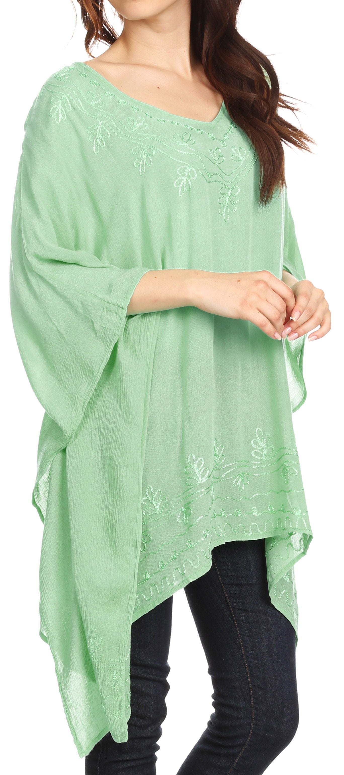 Sakkas Wren Lightweight Circle Poncho Top Blouse With Detailed Embroidery - Concordia Style Boutique