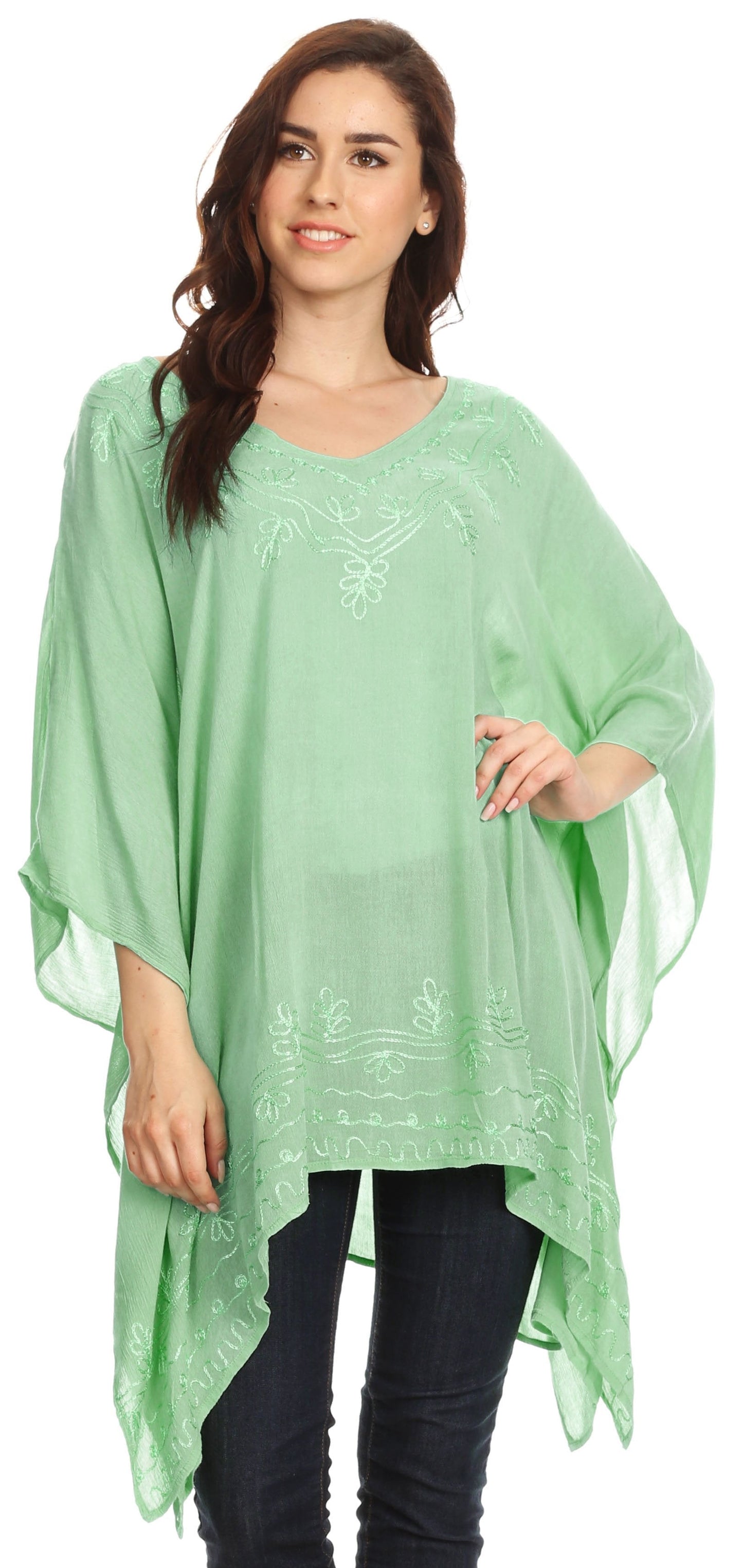 Sakkas Wren Lightweight Circle Poncho Top Blouse With Detailed Embroidery - Concordia Style Boutique