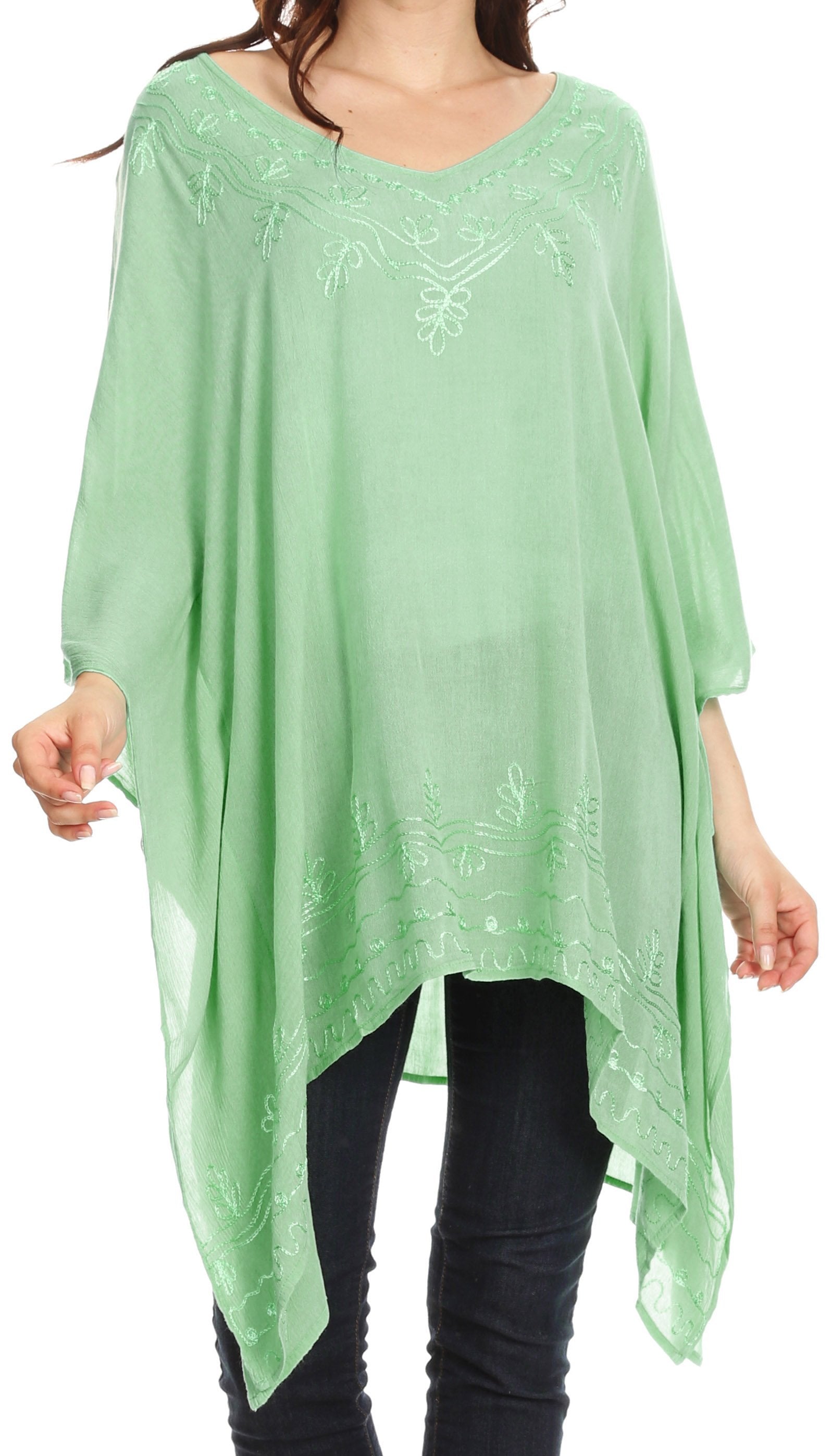 Sakkas Wren Lightweight Circle Poncho Top Blouse With Detailed Embroidery - Concordia Style Boutique