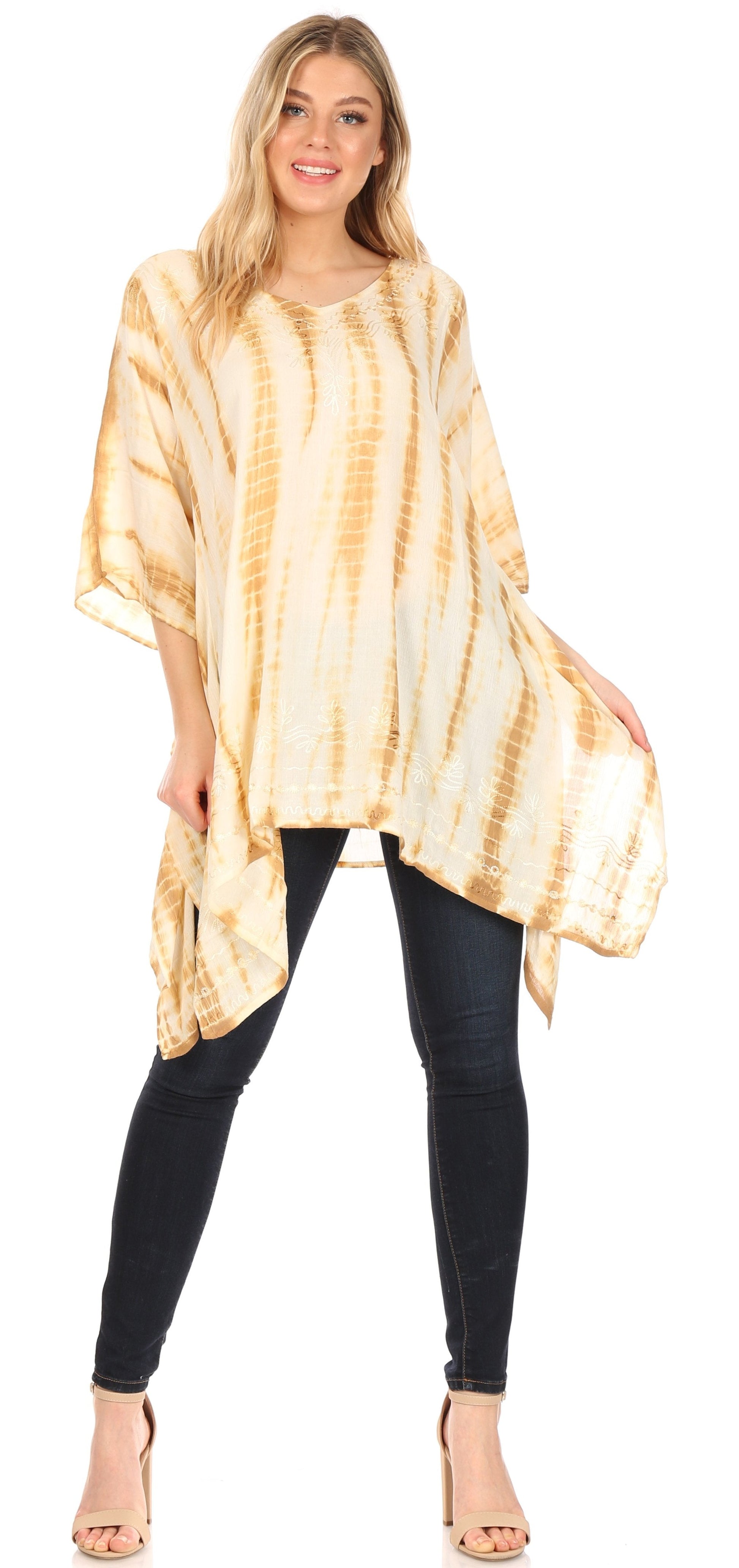 Sakkas Wren Lightweight Circle Poncho Top Blouse With Detailed Embroidery - Concordia Style Boutique