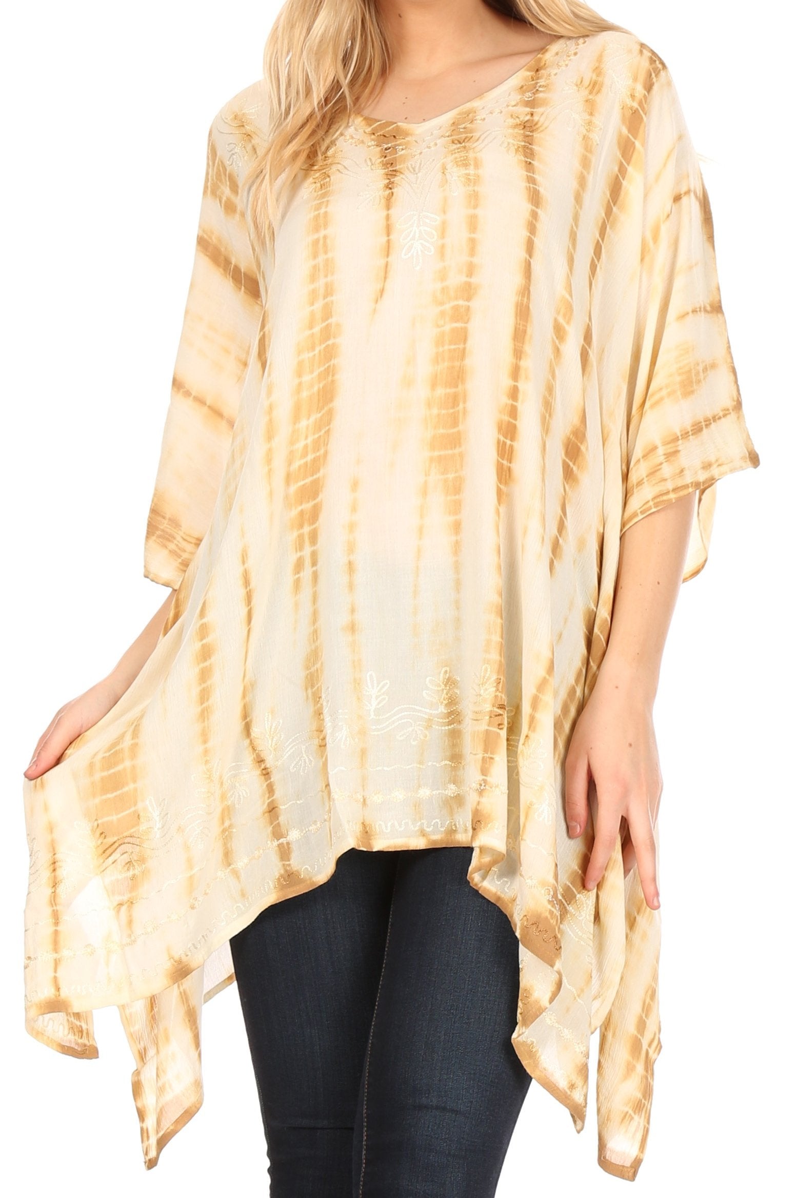 Sakkas Wren Lightweight Circle Poncho Top Blouse With Detailed Embroidery - Concordia Style Boutique