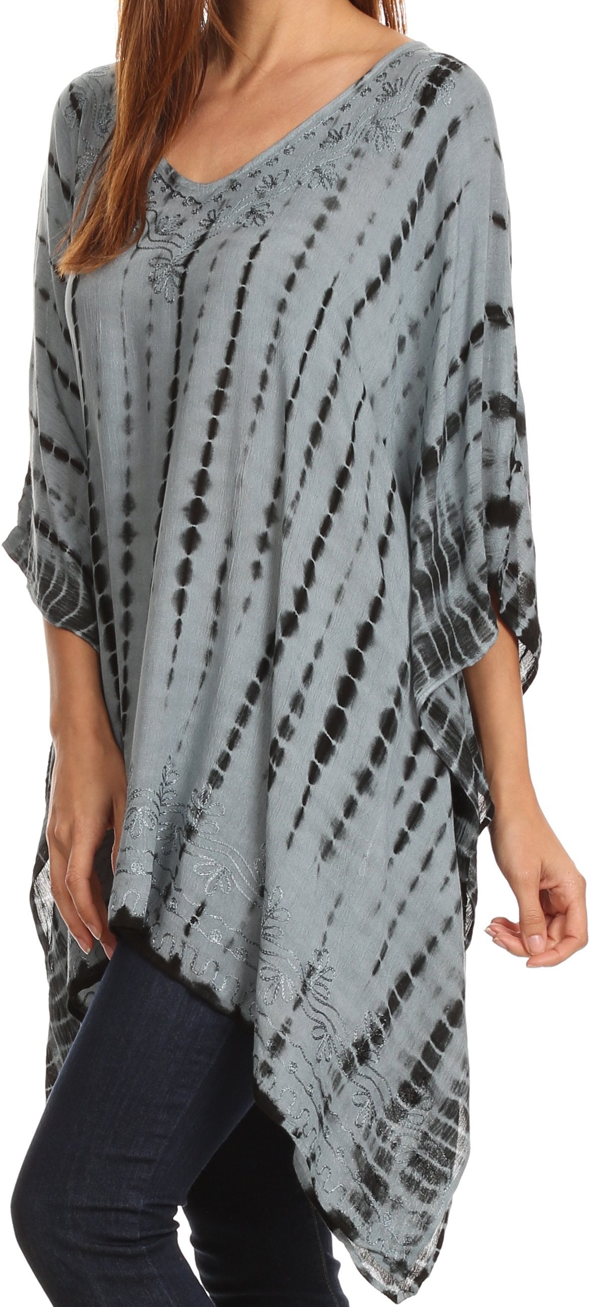 Sakkas Wren Lightweight Circle Poncho Top Blouse With Detailed Embroidery - Concordia Style Boutique