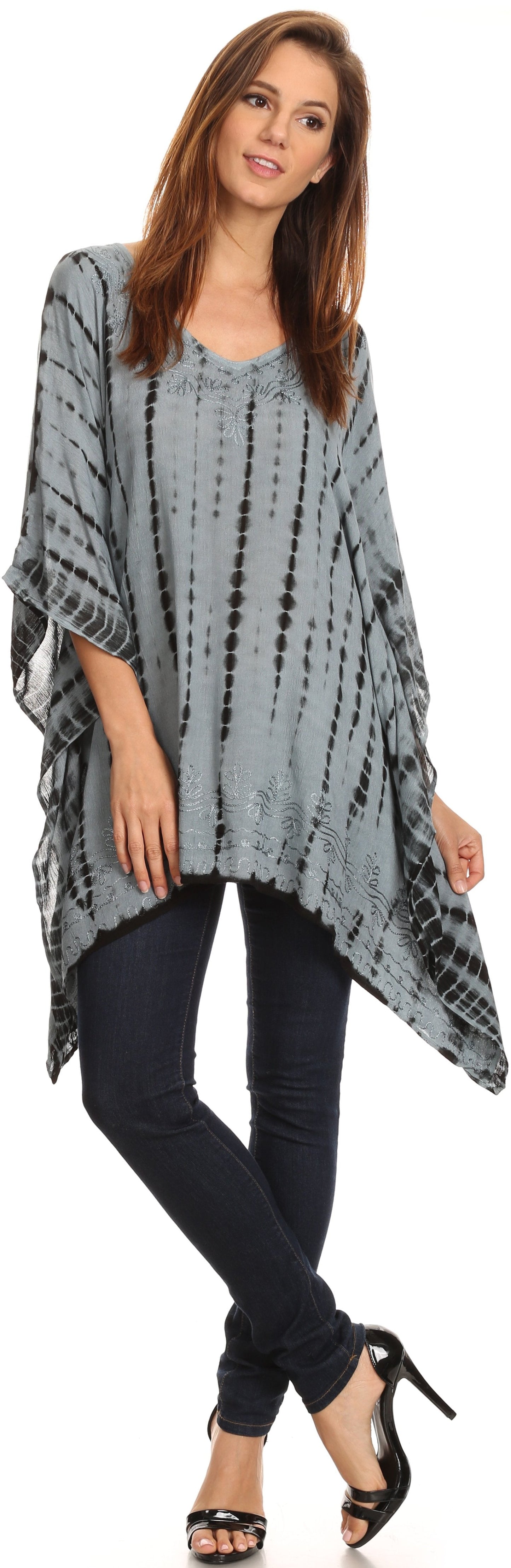 Sakkas Wren Lightweight Circle Poncho Top Blouse With Detailed Embroidery - Concordia Style Boutique