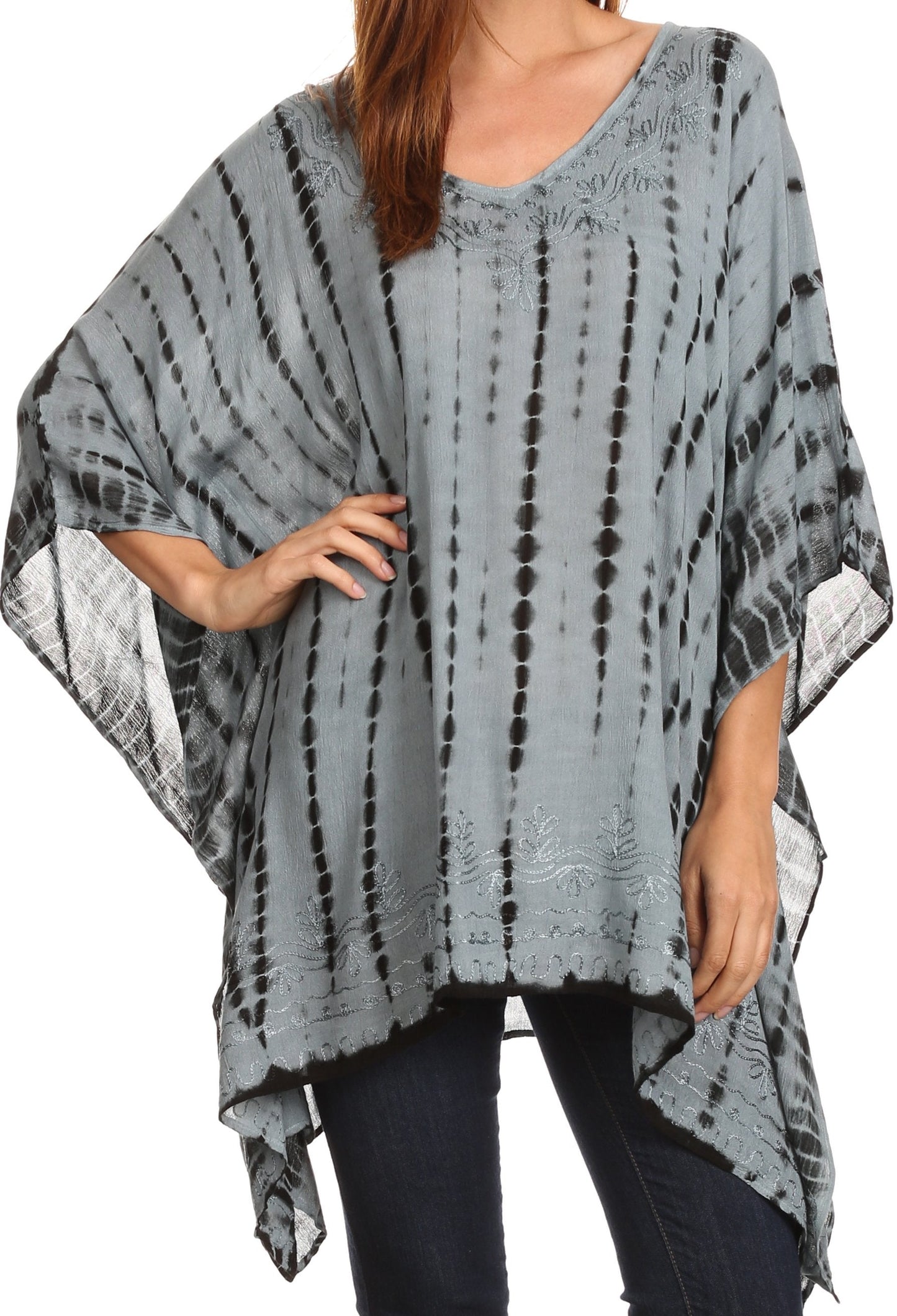 Sakkas Wren Lightweight Circle Poncho Top Blouse With Detailed Embroidery - Concordia Style Boutique