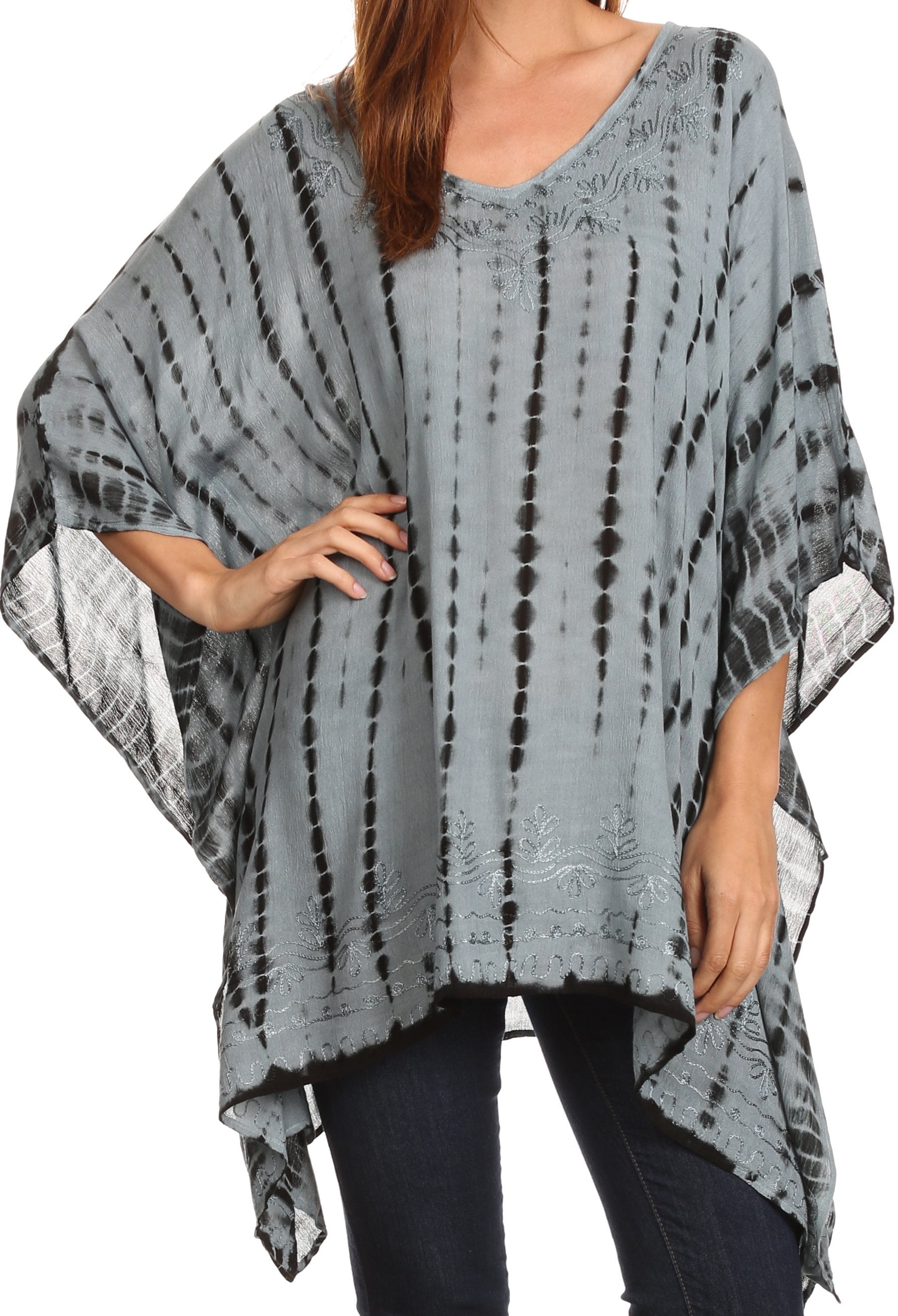 Sakkas Wren Lightweight Circle Poncho Top Blouse With Detailed Embroidery - Concordia Style Boutique