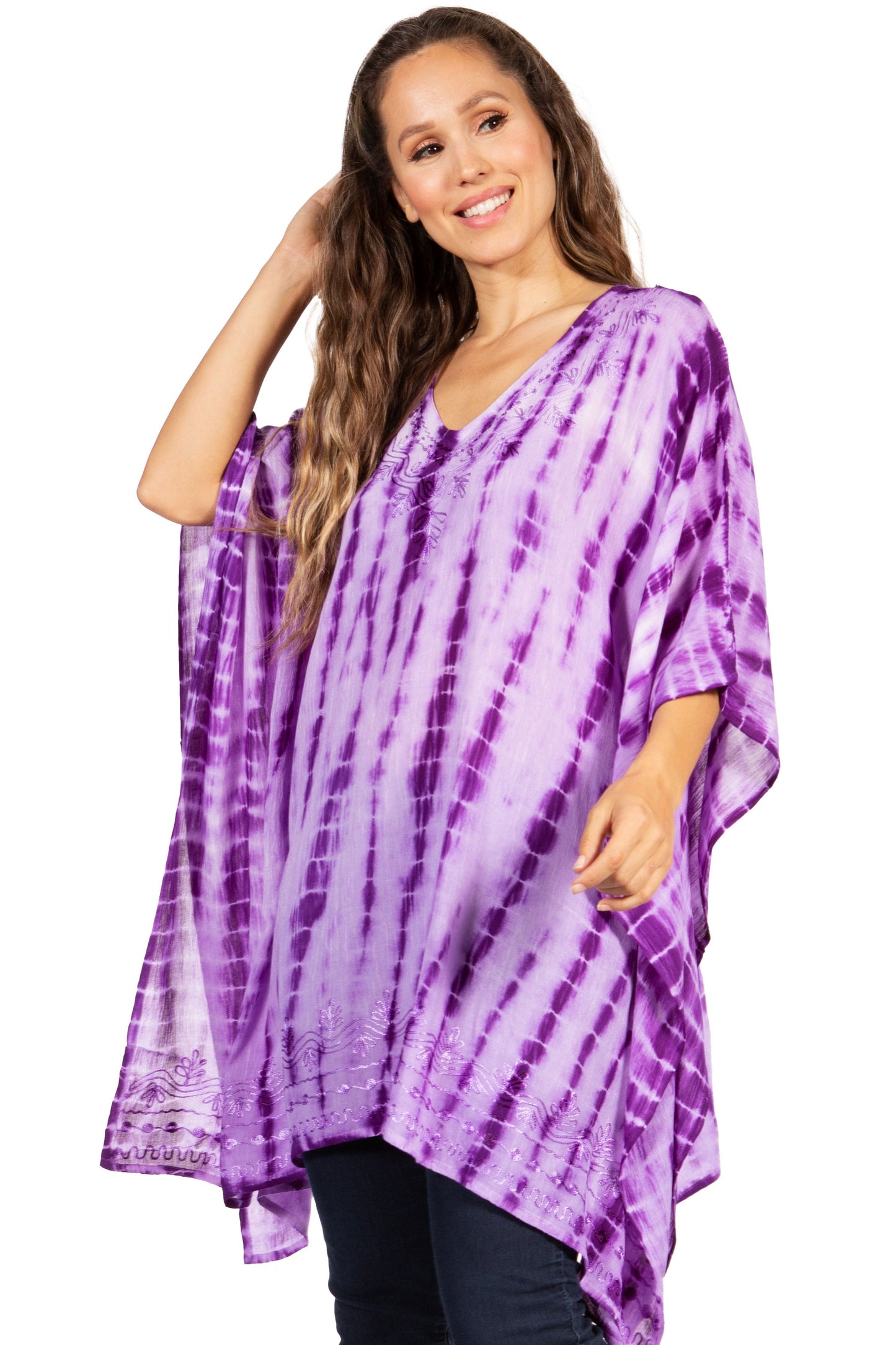 Sakkas Wren Lightweight Circle Poncho Top Blouse With Detailed Embroidery - Concordia Style Boutique