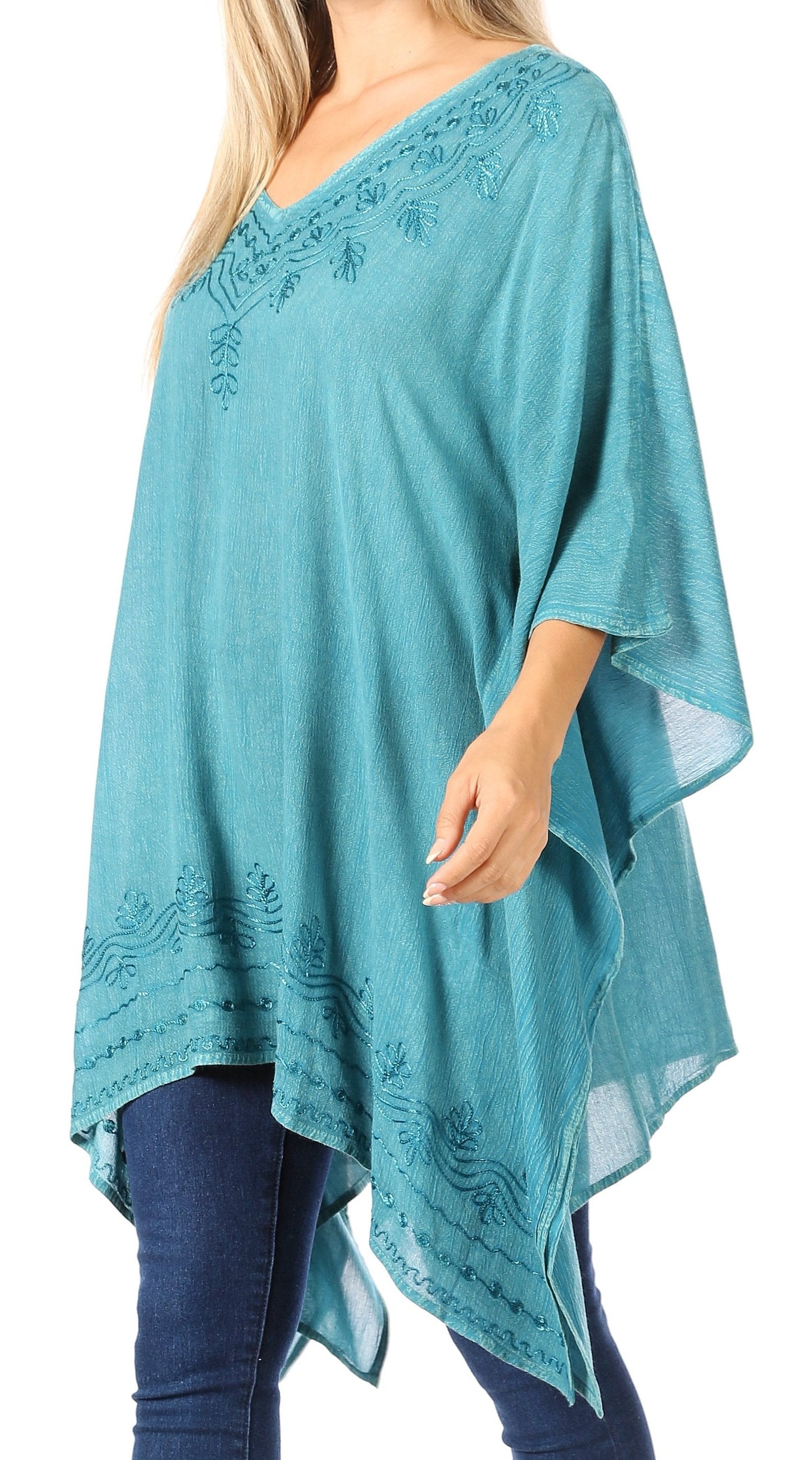 Sakkas Wren Lightweight Circle Poncho Top Blouse With Detailed Embroidery - Concordia Style Boutique