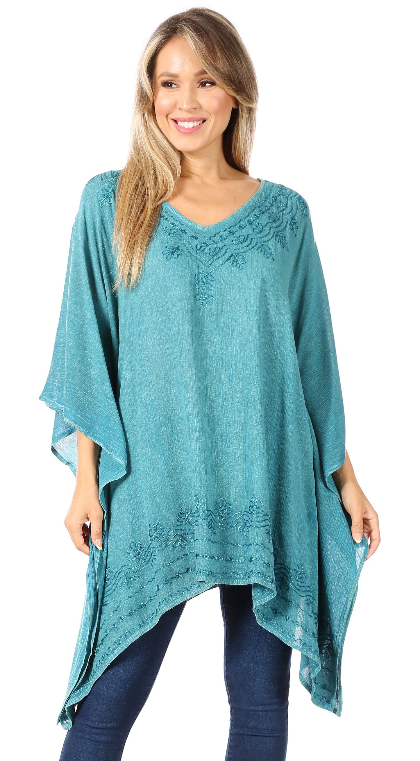 Sakkas Wren Lightweight Circle Poncho Top Blouse With Detailed Embroidery - Concordia Style Boutique
