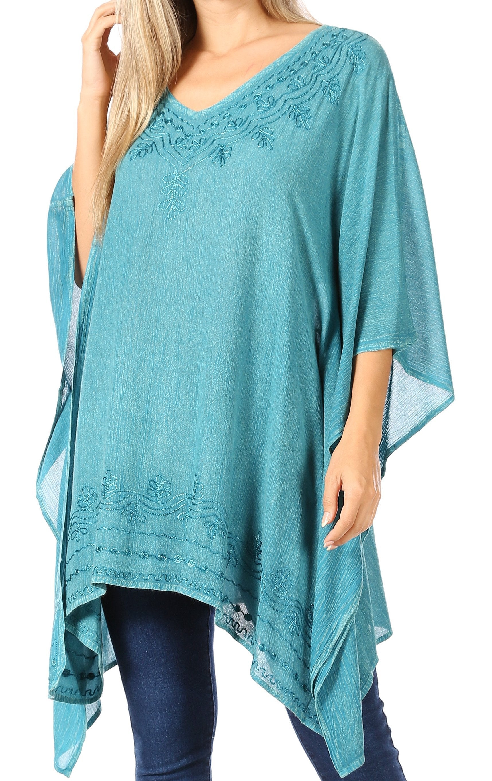 Sakkas Wren Lightweight Circle Poncho Top Blouse With Detailed Embroidery - Concordia Style Boutique