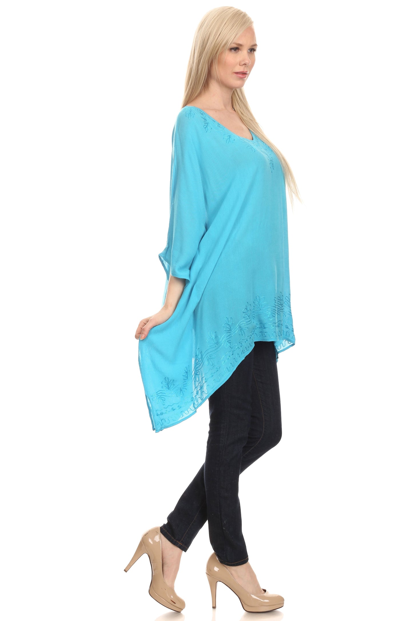 Sakkas Wren Lightweight Circle Poncho Top Blouse With Detailed Embroidery - Concordia Style Boutique