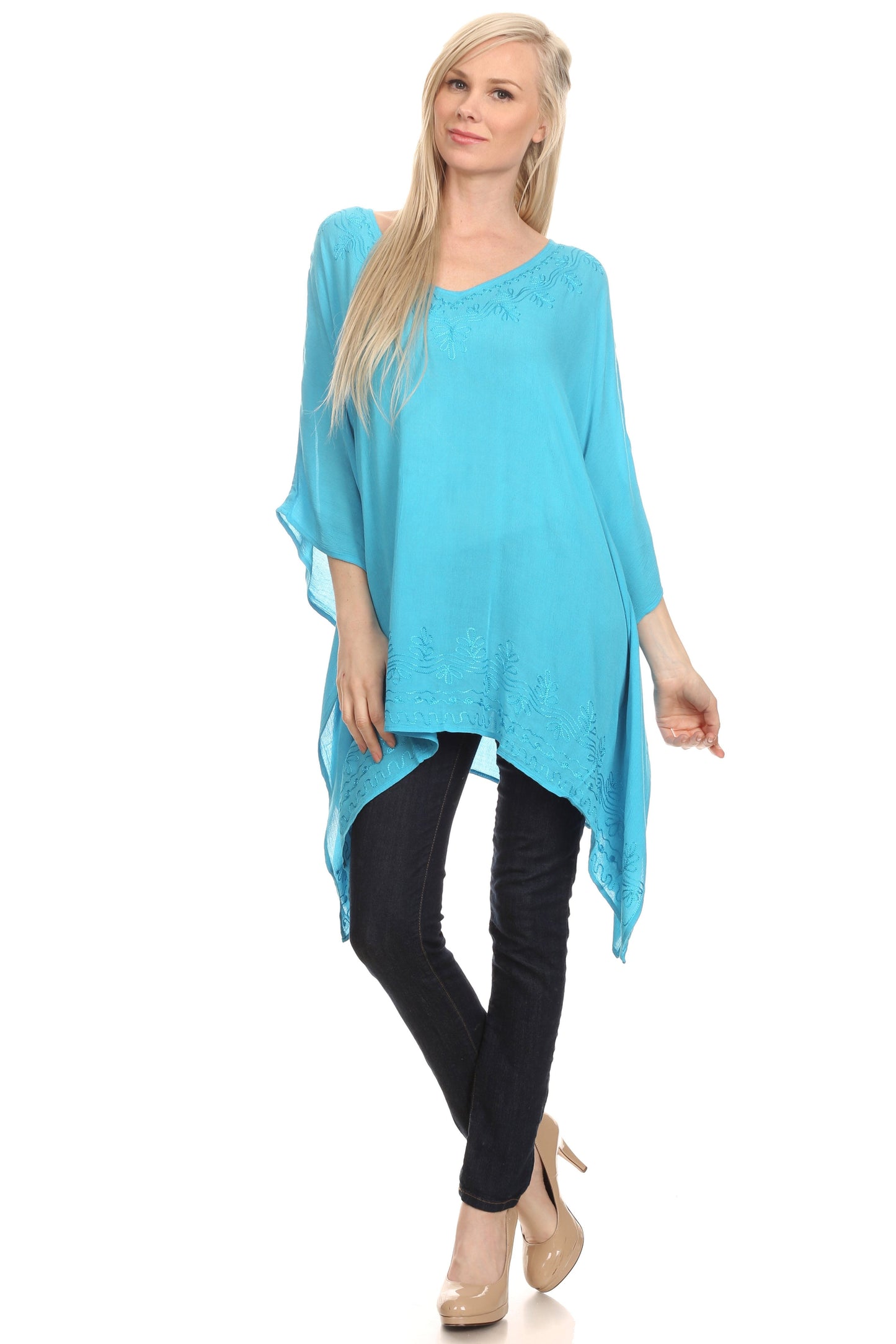 Sakkas Wren Lightweight Circle Poncho Top Blouse With Detailed Embroidery - Concordia Style Boutique