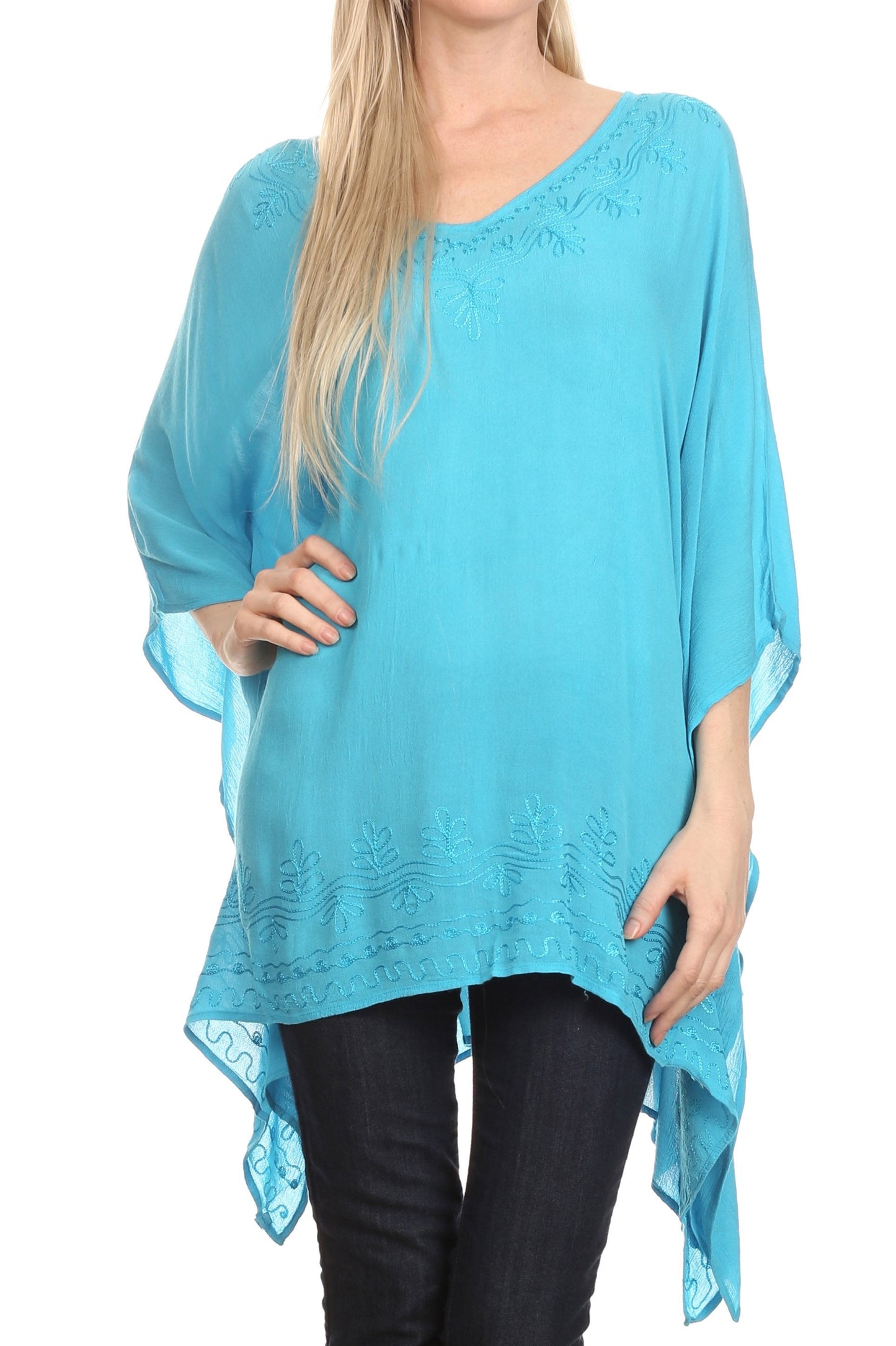 Sakkas Wren Lightweight Circle Poncho Top Blouse With Detailed Embroidery - Concordia Style Boutique