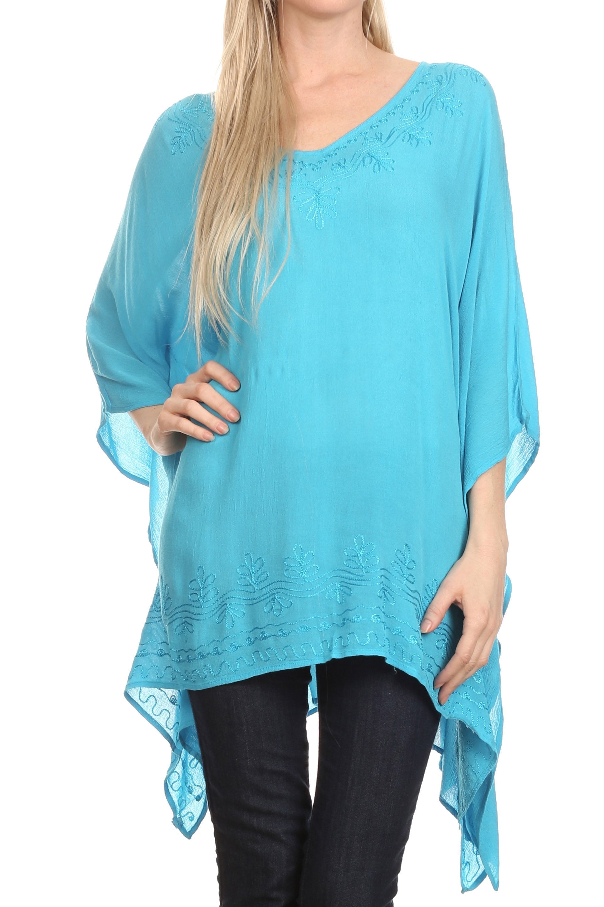Sakkas Wren Lightweight Circle Poncho Top Blouse With Detailed Embroidery - Concordia Style Boutique