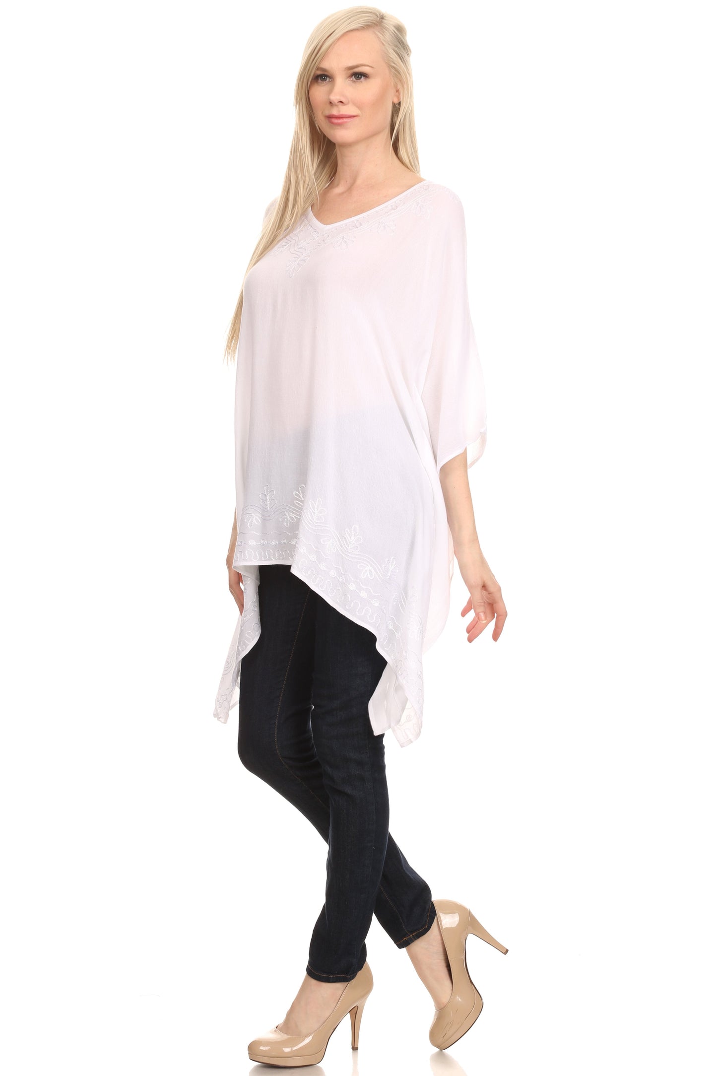 Sakkas Wren Lightweight Circle Poncho Top Blouse With Detailed Embroidery - Concordia Style Boutique