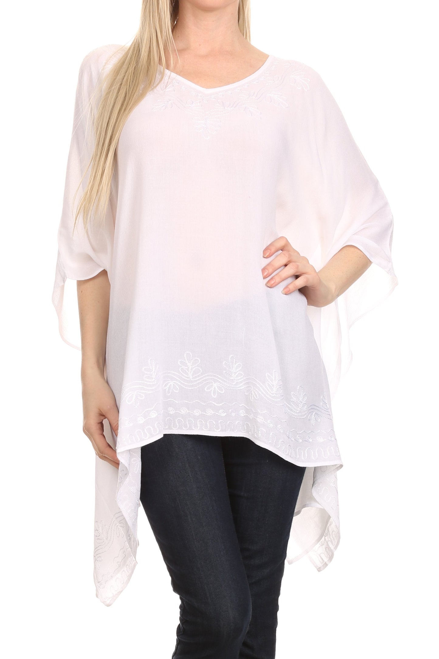 Sakkas Wren Lightweight Circle Poncho Top Blouse With Detailed Embroidery - Concordia Style Boutique