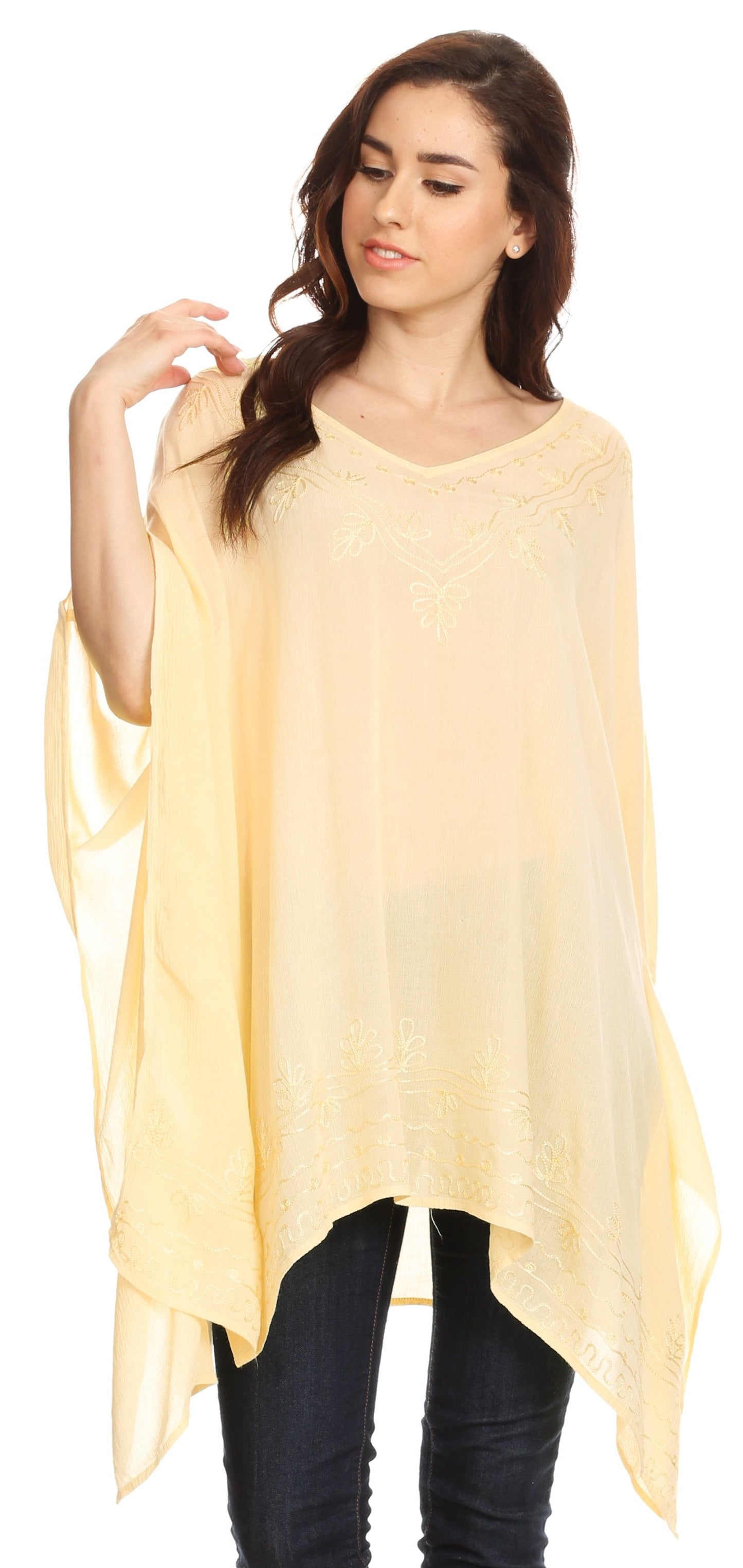 Sakkas Wren Lightweight Circle Poncho Top Blouse With Detailed Embroidery - Concordia Style Boutique