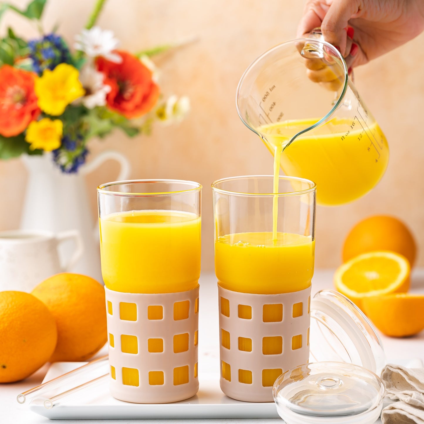 All Glass Juice Tumblers with Lid, Straw & Silicone Sleeve - 2 Pack Set, 20 oz