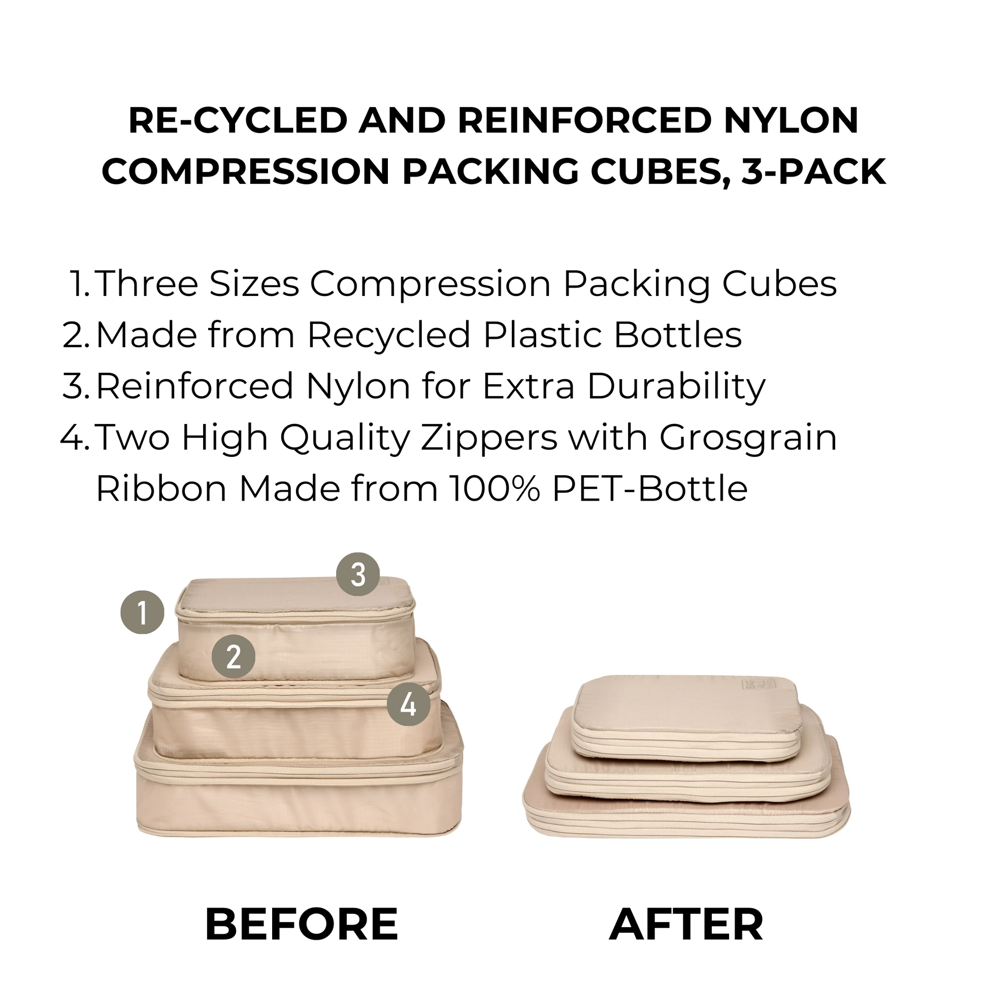 Re-cycled and Reinforced Nylon Compression Packing Cubes, 3-pack Taupe - Concordia Style Boutique