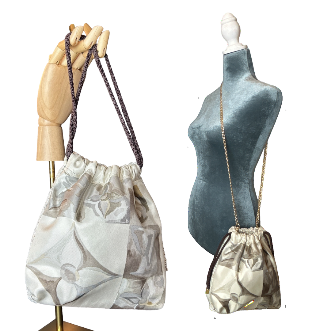Au Fils du Temps Vintage Silk Scarf Drawstring Crossbody Bag