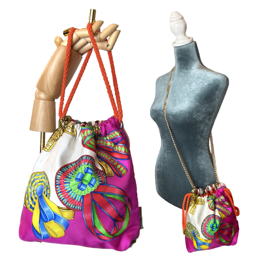 Rubans du Cheval Fuchsia Vintage Scarf Drawstring Crossbody Bag