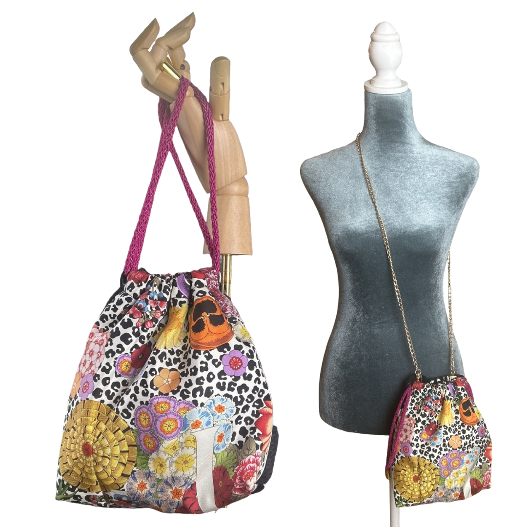 Floral Leopard Vintage Scarf Drawstring Crossbody Bag
