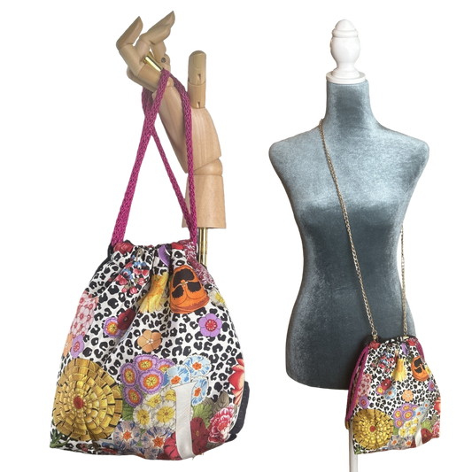 Floral Leopard Vintage Scarf Drawstring Crossbody Bag
