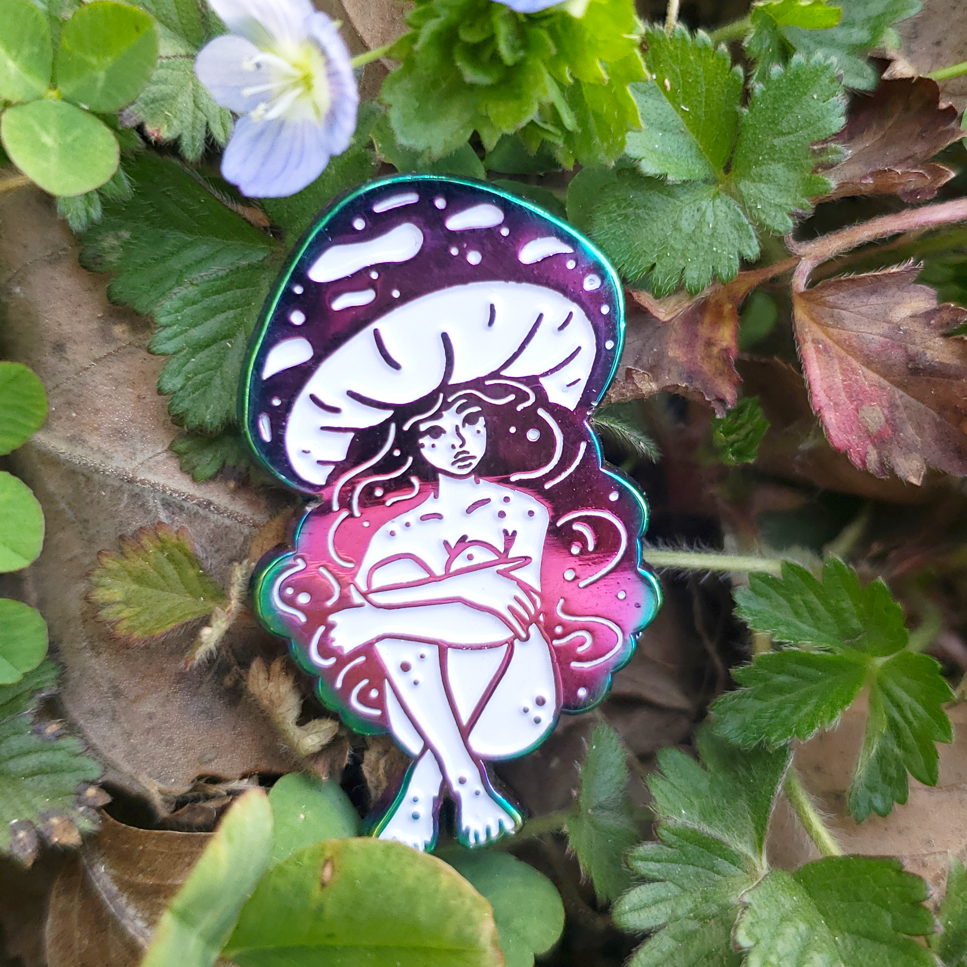 Violet Webcap Mushroom Girl - Rainbow Metal Soft Enamel Pin - Concordia Style Boutique