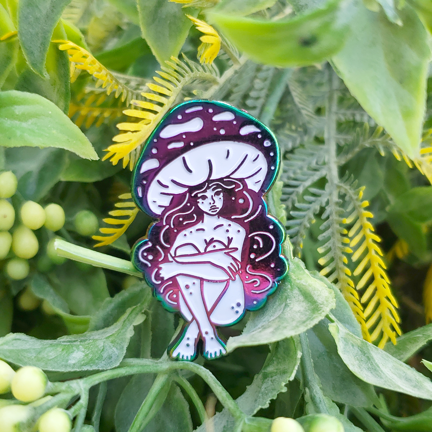 Violet Webcap Mushroom Girl - Rainbow Metal Soft Enamel Pin - Concordia Style Boutique