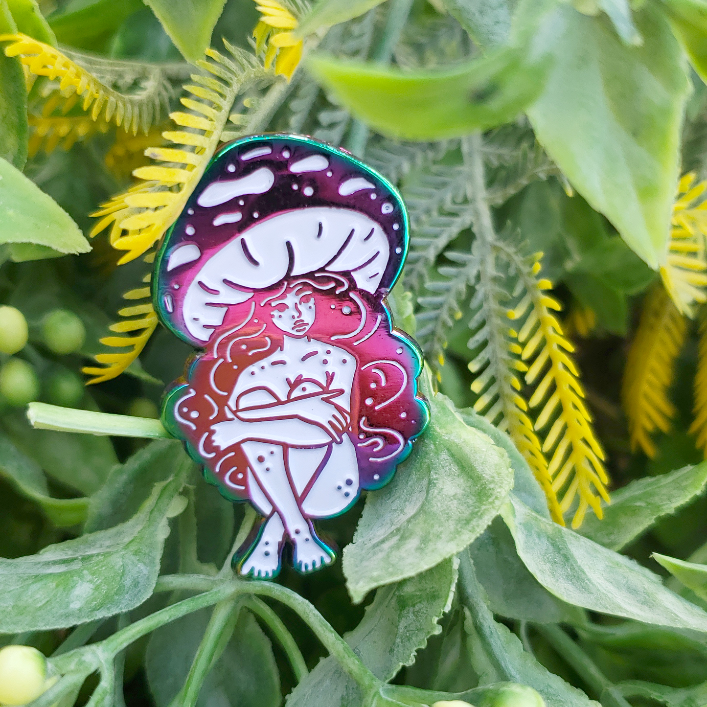 Violet Webcap Mushroom Girl - Rainbow Metal Soft Enamel Pin - Concordia Style Boutique