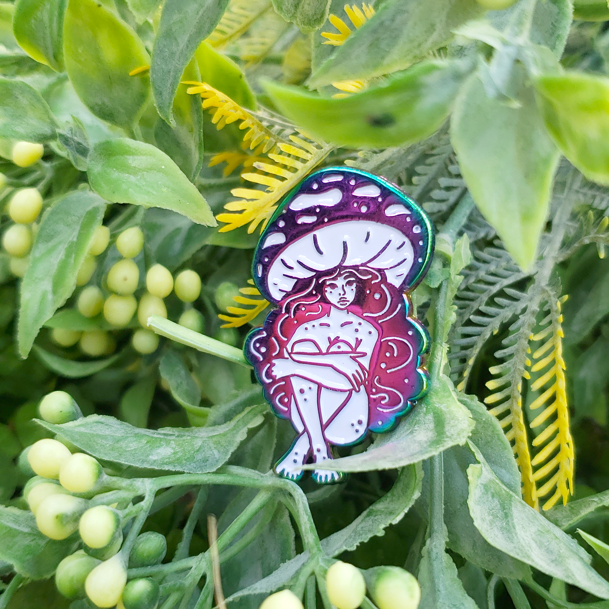 Violet Webcap Mushroom Girl - Rainbow Metal Soft Enamel Pin - Concordia Style Boutique