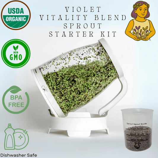 Sprout Spout Violet Vitality Blend Starter Kit: Sprout Spout + 4oz or 1lb seeds + Free Sprout Scoop - Concordia Style Boutique