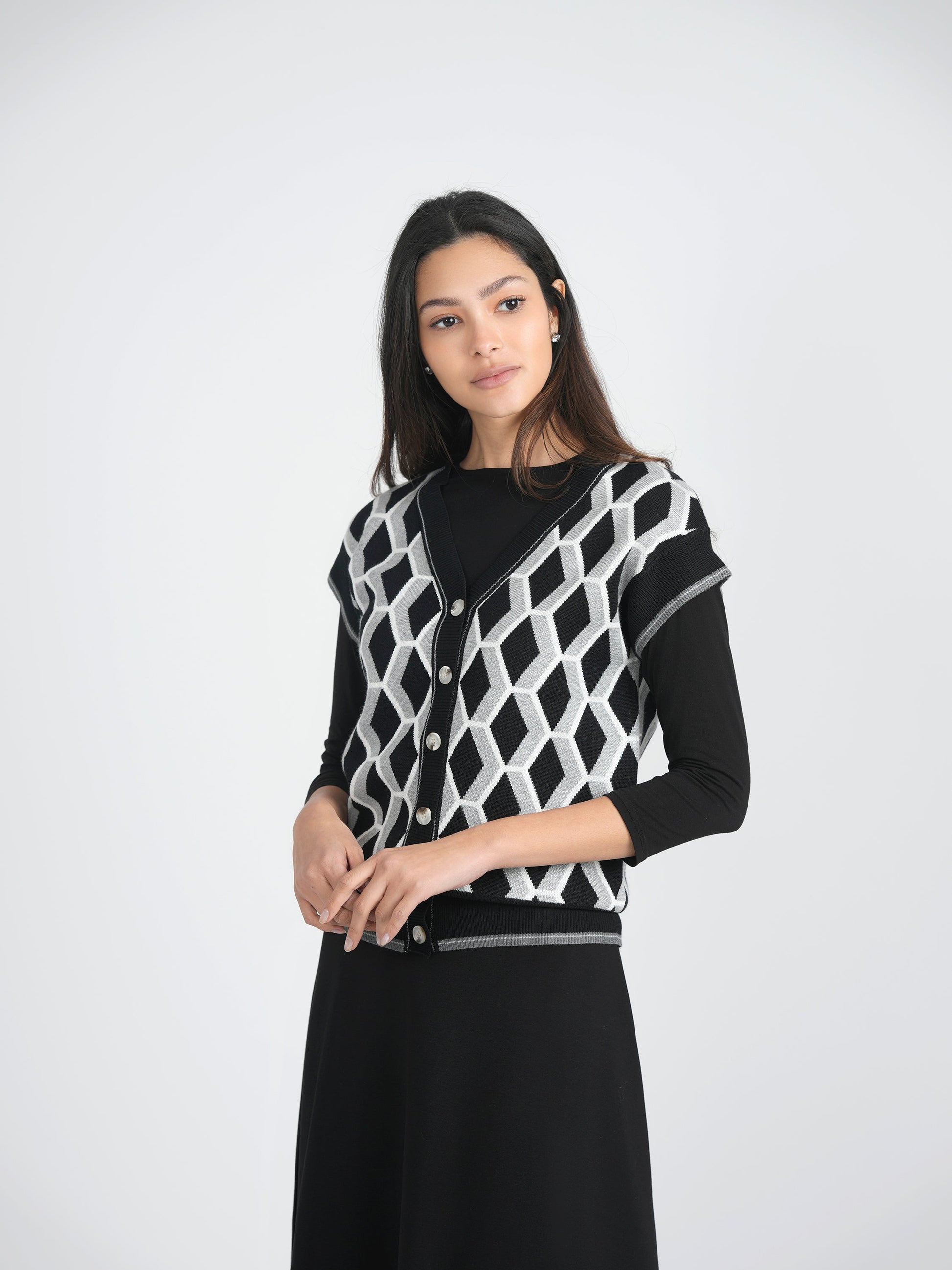 Diamond Jacquard Knit Vest Cardigan - Concordia Style Boutique