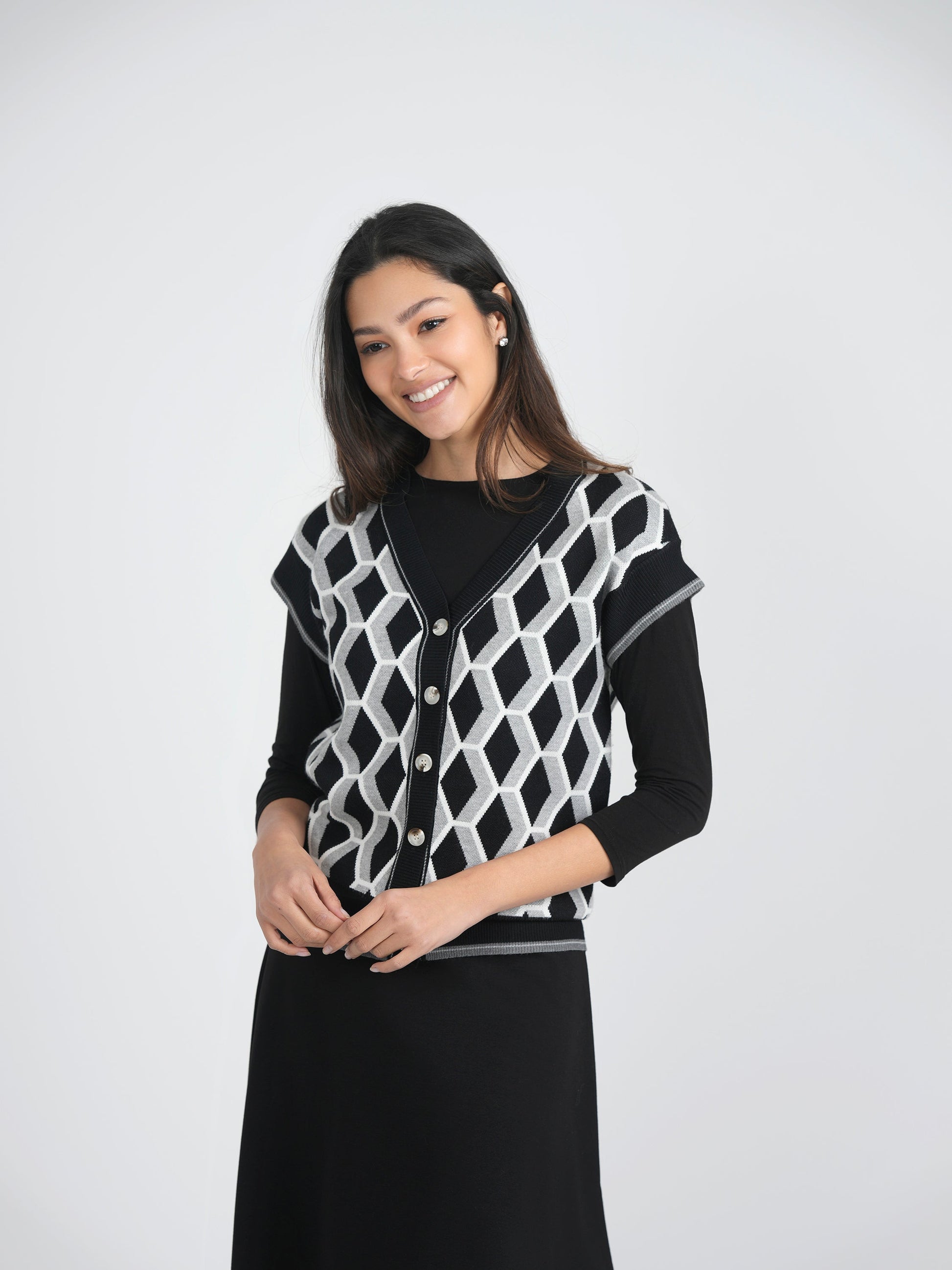 Diamond Jacquard Knit Vest Cardigan - Concordia Style Boutique